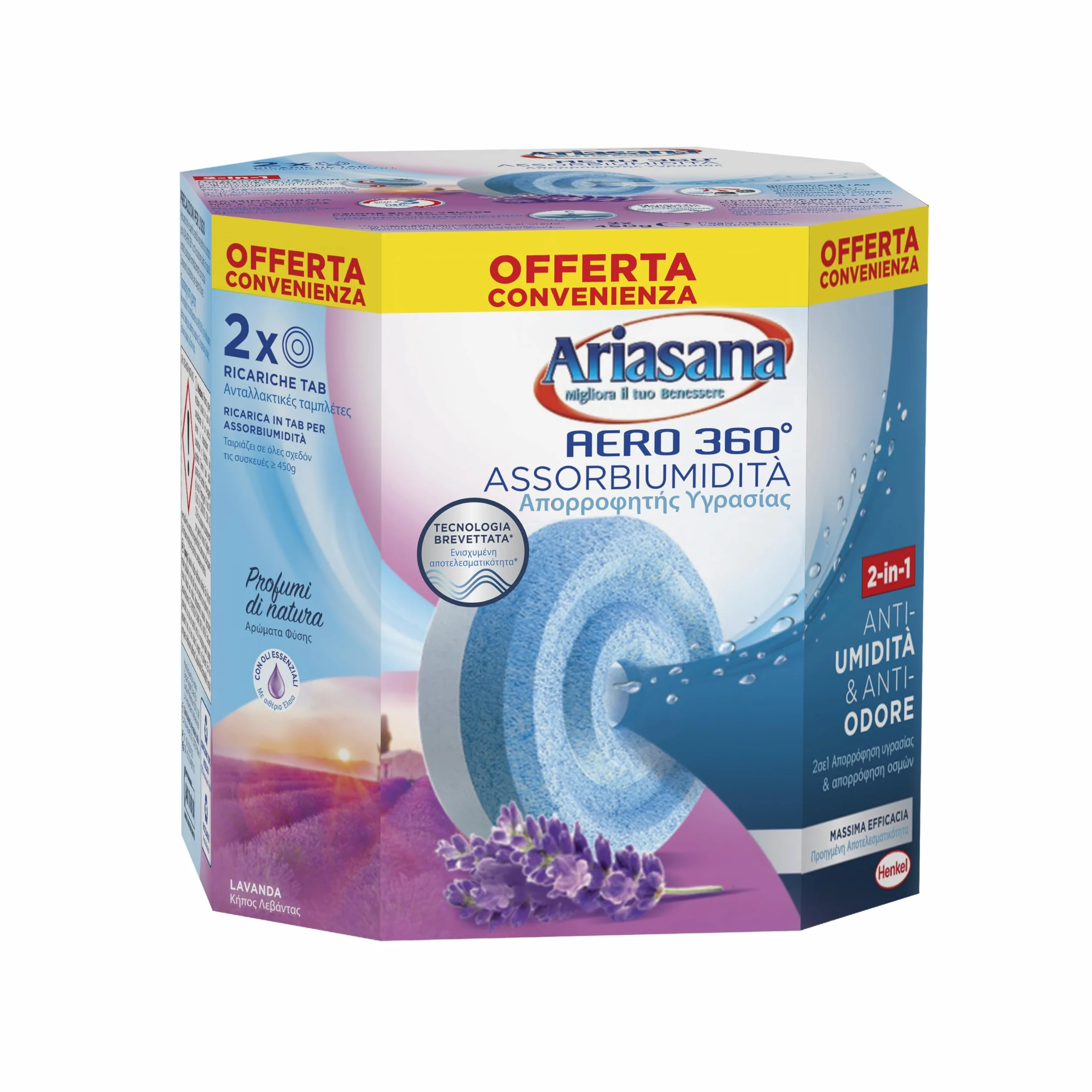 Ariasana Aero 360° Ricarica TAB Lavanda per dispositivo Aero 360° kit, assorbi umidità in Tab profumata rilassante, elimina i cattivi odori, aromaterapia, 2 TAB da 450g