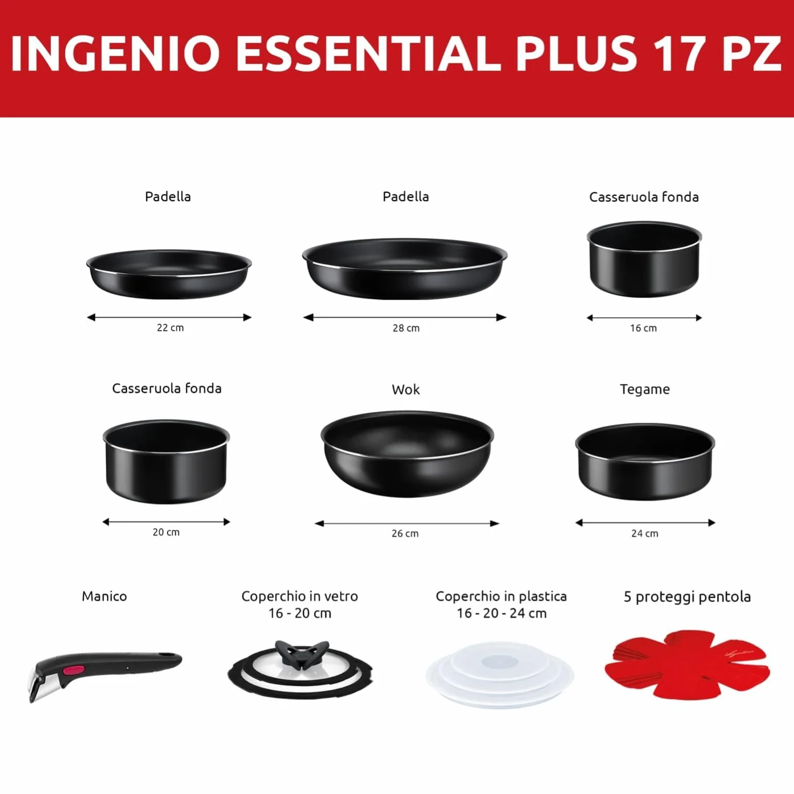 Lagostina Ingenio Essential Plus Set di Pentole, Alluminio per Gas e Forno (no induzione), 17 Pezzi, 2 Casseruole Fonde, 2 Padelle, Tegame, Wok, 5 Coperchi, 5 Proteggi Padella e Manico Removibile