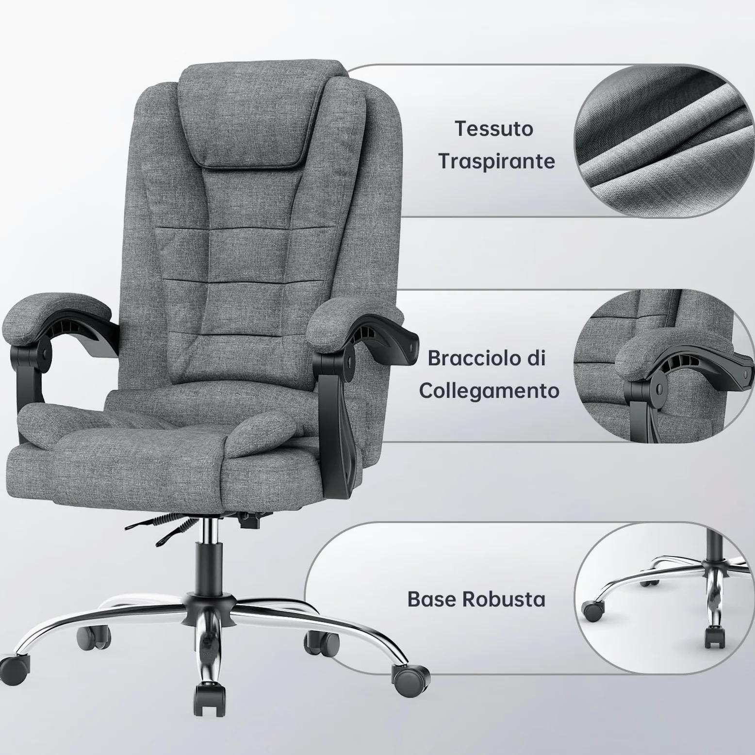 naspaluro Sedia da Ufficio Ergonomica, Poltrona Direzionale con Sedile Largo, Sedia Ufficio Reclinabile con Braccioli Imbottiti et Altezza Regolabile (Senza Poggiapiedi, Grigio Scuro)