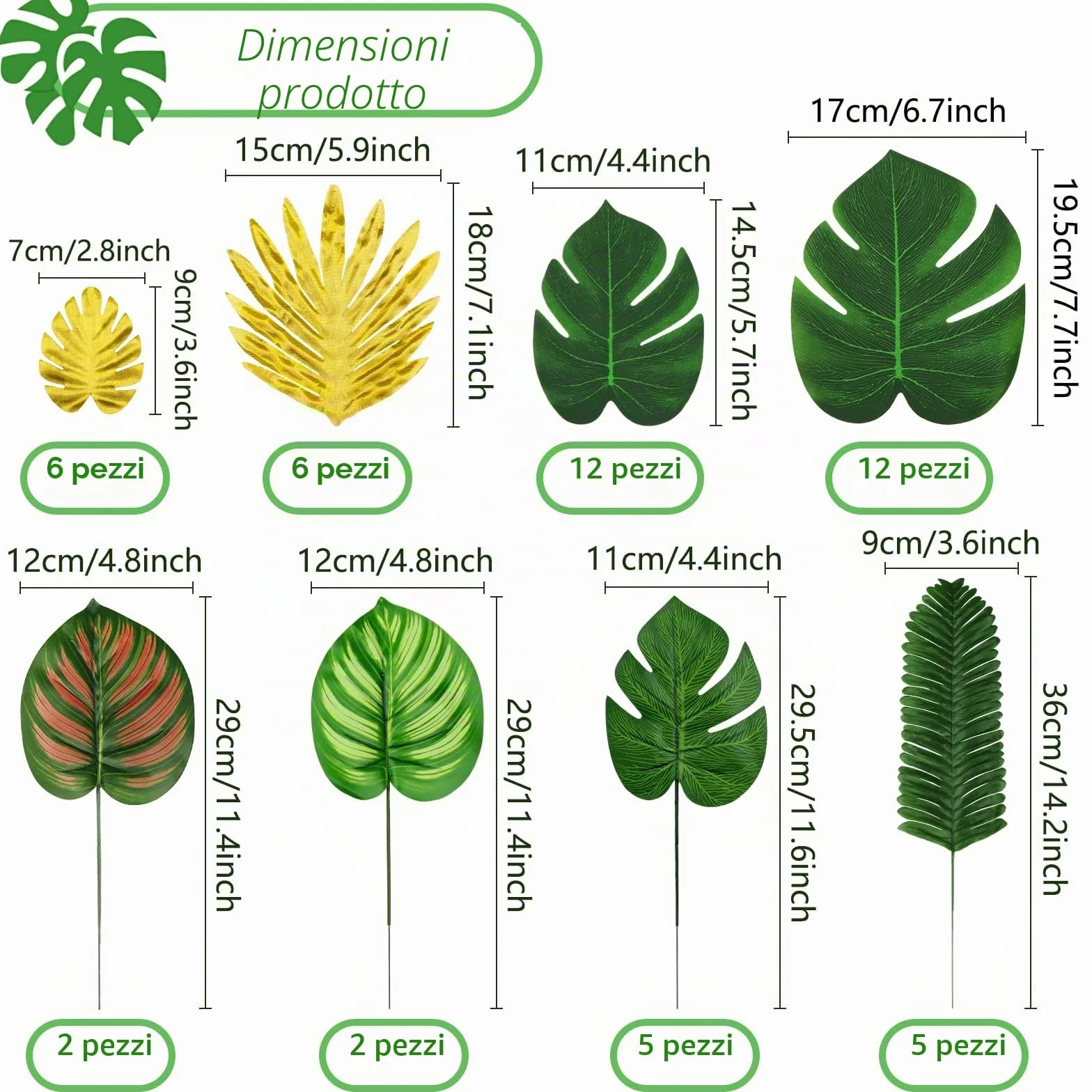 QUOZUO 50 pezzi foglie tropicali artificiali Monstera decorazione verde e oro