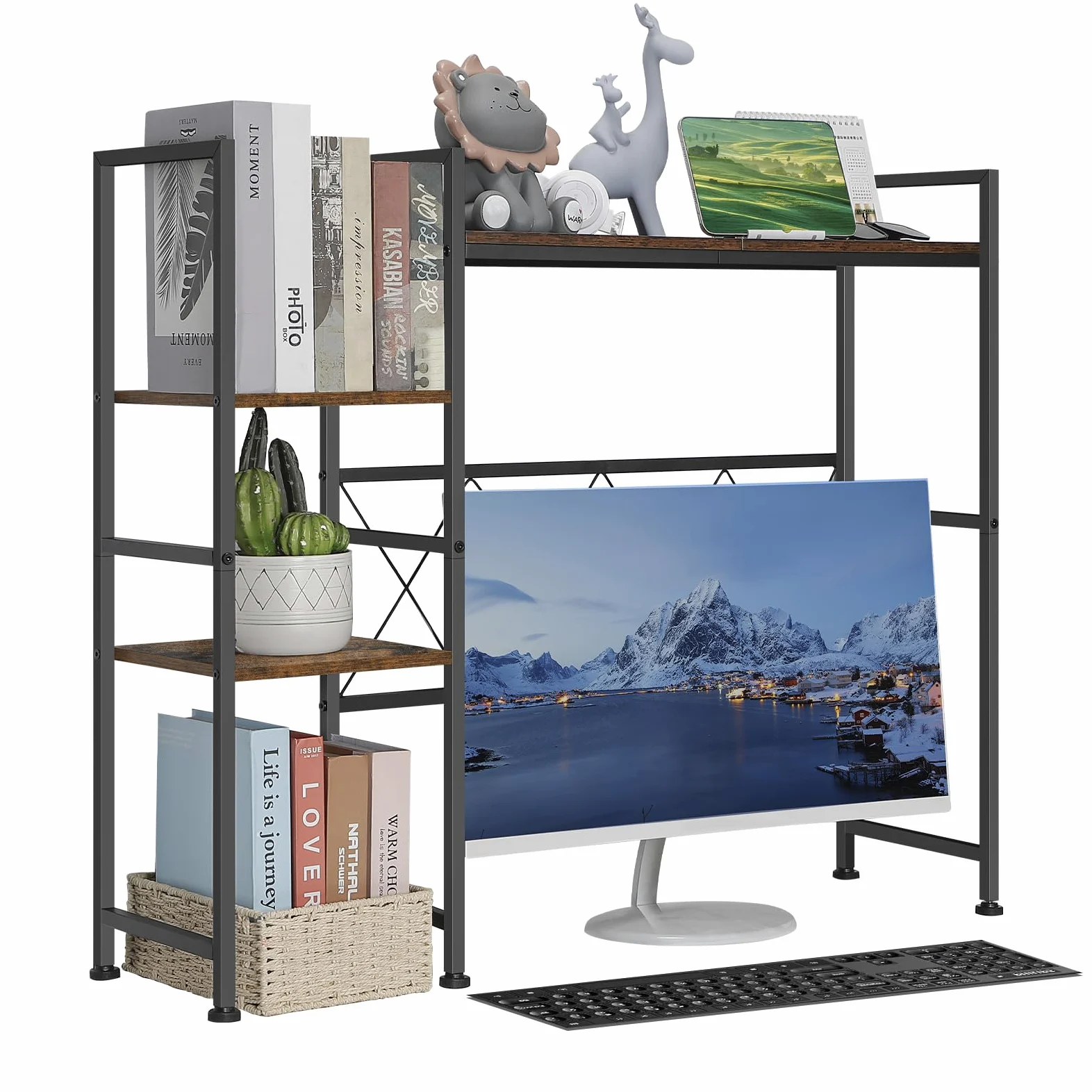 YBING Libreria da scrivania per computer, multiuso, a 3 livelli, con espositore organizer marrone, mensola per scrivania, solo per ufficio, casa, dormitorio, soggiorno