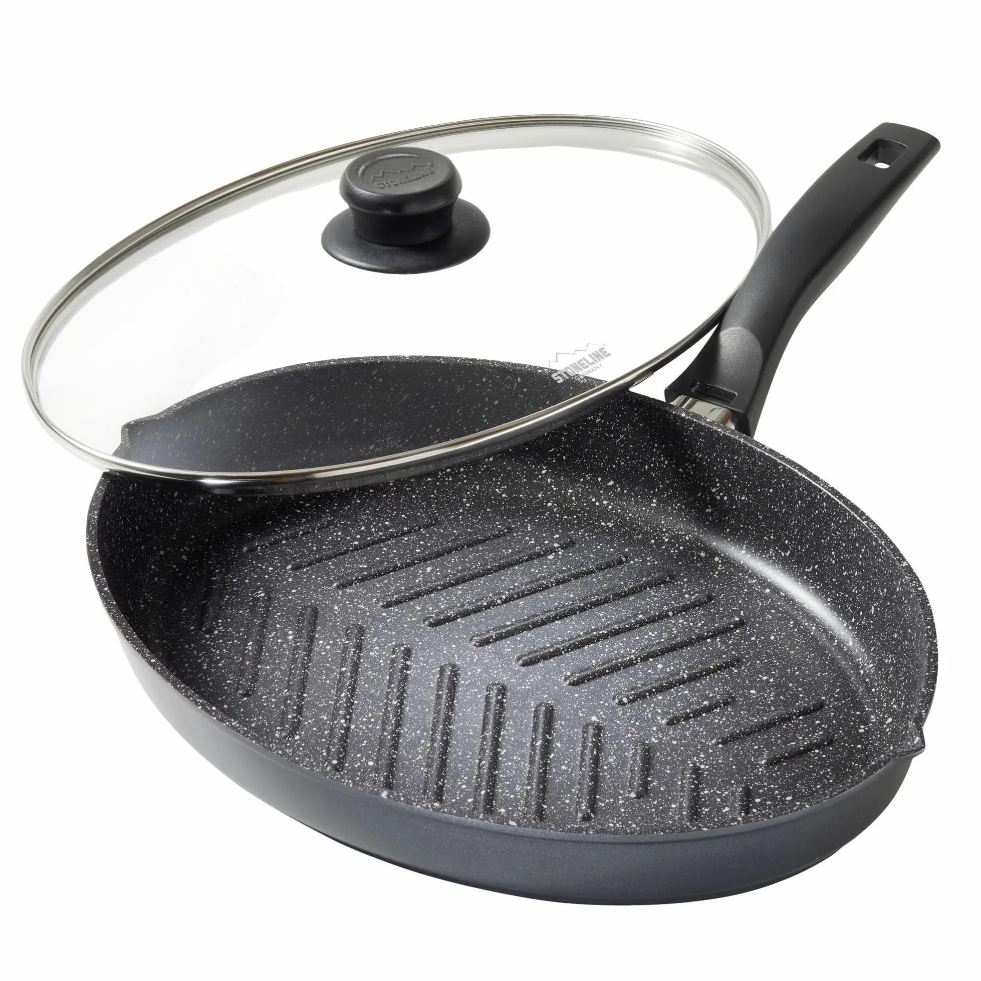 STONELINE Padella Ovale 35x24 cm, Padella Pesce Alluminio Pressofuso, Coperchio, Bistecchiera Grande Ovale, Rivestimento Antiaderente con Vere Particelle di Pietra, a Induzione, Tutti i Piani Cottura