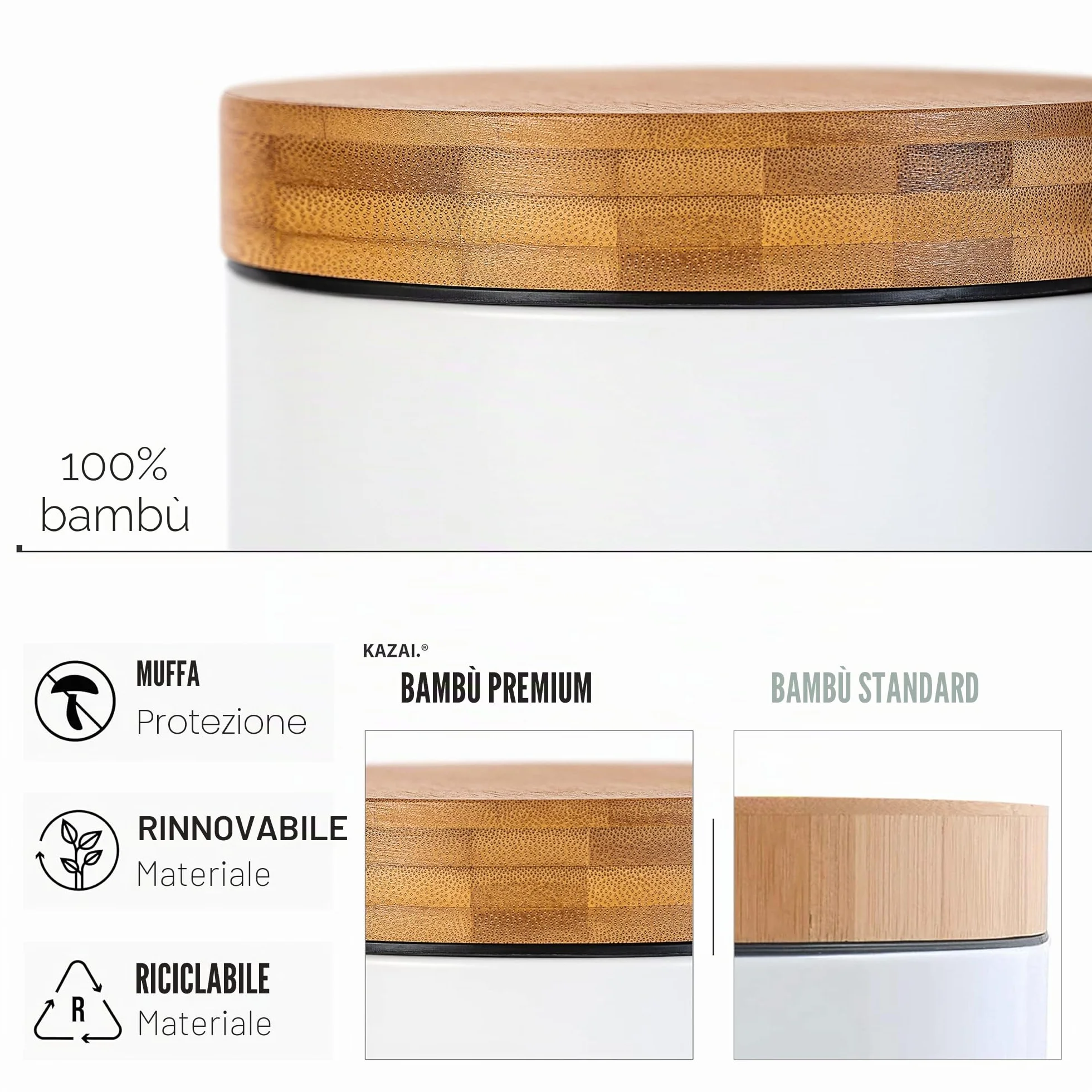 Kazai Cestino da Bagno Design 3 Litri Bambù Superiore Chiusura Silenziosa Bianco