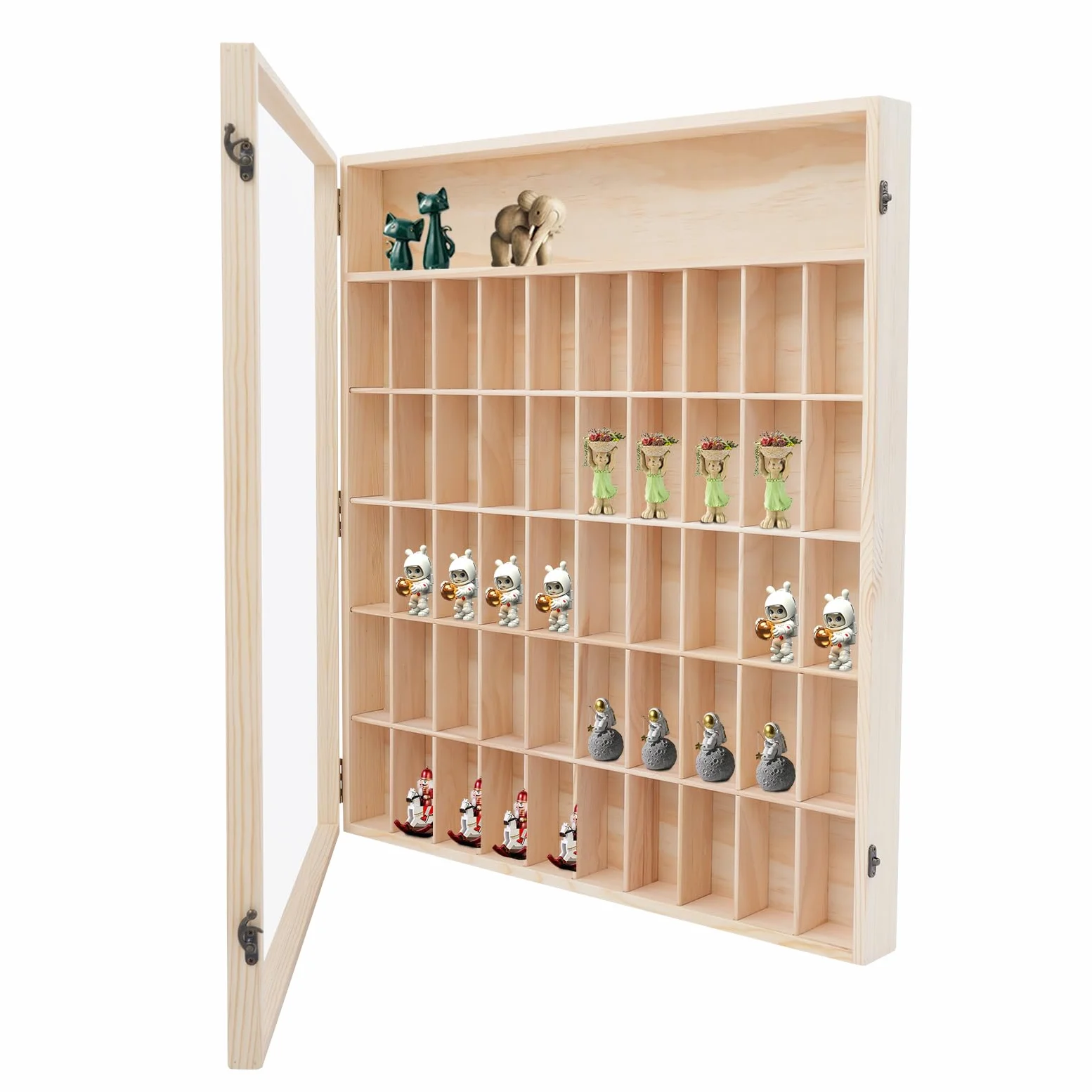 Vetrina da collezione, in legno, vetrina da parete, mensola da appendere, 50 scomparti, vetrina in vetro da appendere con disco per cameretta dei bambini