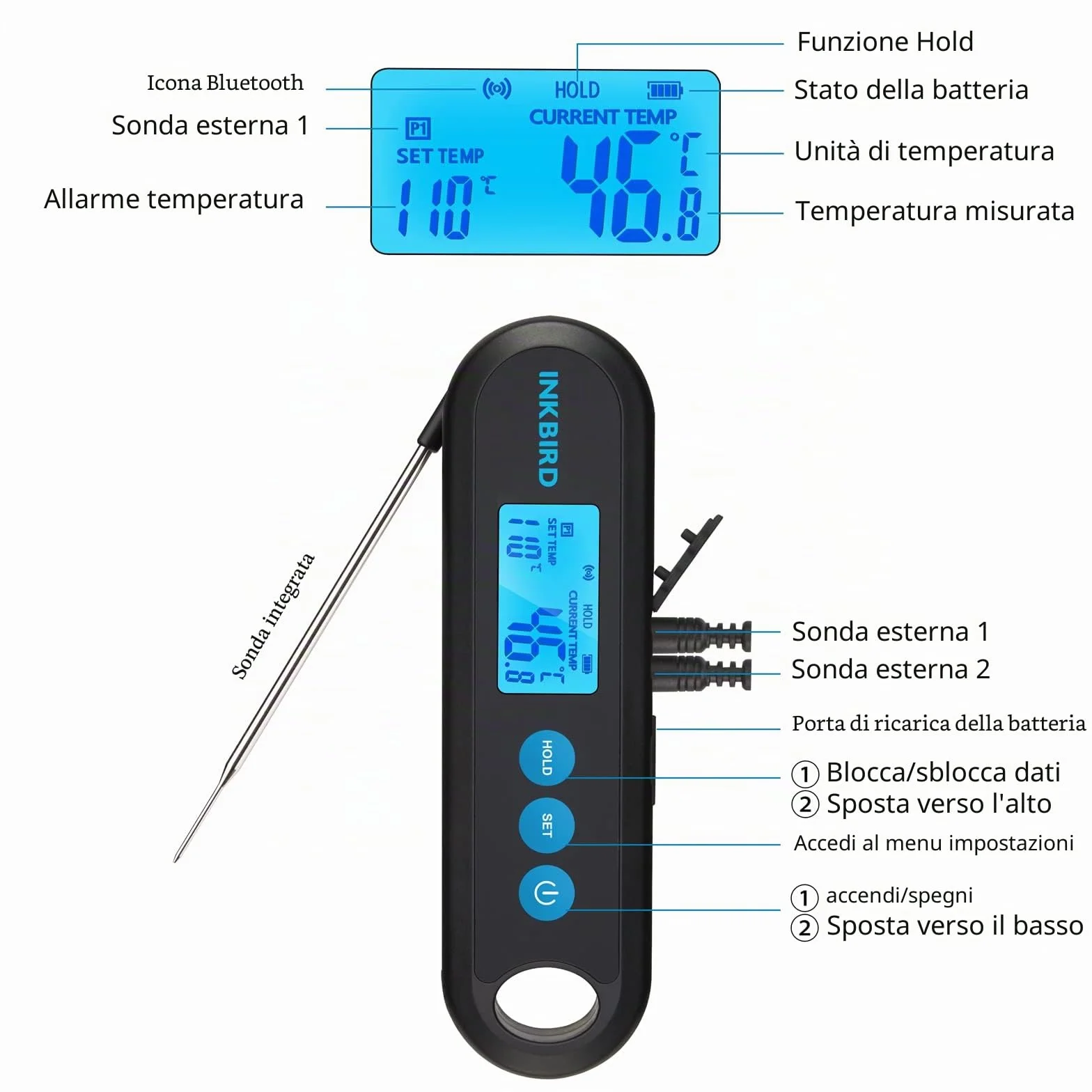 INKBIRD Termometro Cucina Digitale Bluetooth Barbecue con 2 Sonde Acciaio Inossidabile IHT-2PB