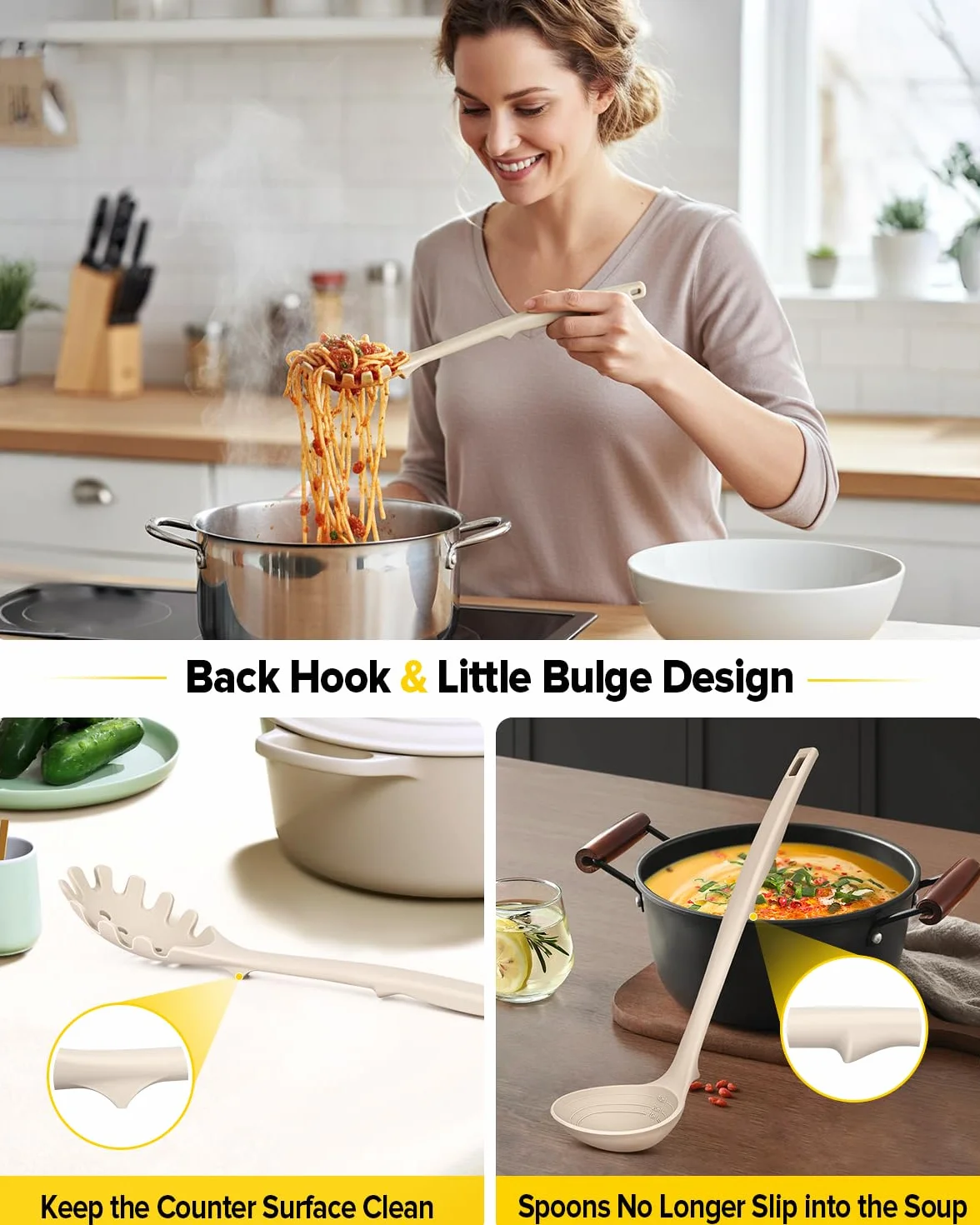Set di 9 utensili da cucina in silicone, resistenti al calore, con ganci posteriori, senza BPA, con spatole, cucchiai, schiumarola e forchetta per pasta, per pentole antiaderenti (KHAKI)