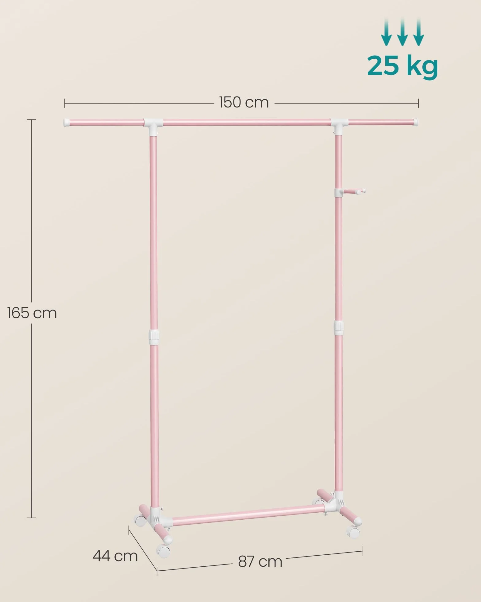 SONGMICS Stand Appendiabiti con Ruote, Attaccapanni Regolabile 97-165 cm, Rosa Pastello LLR001R02