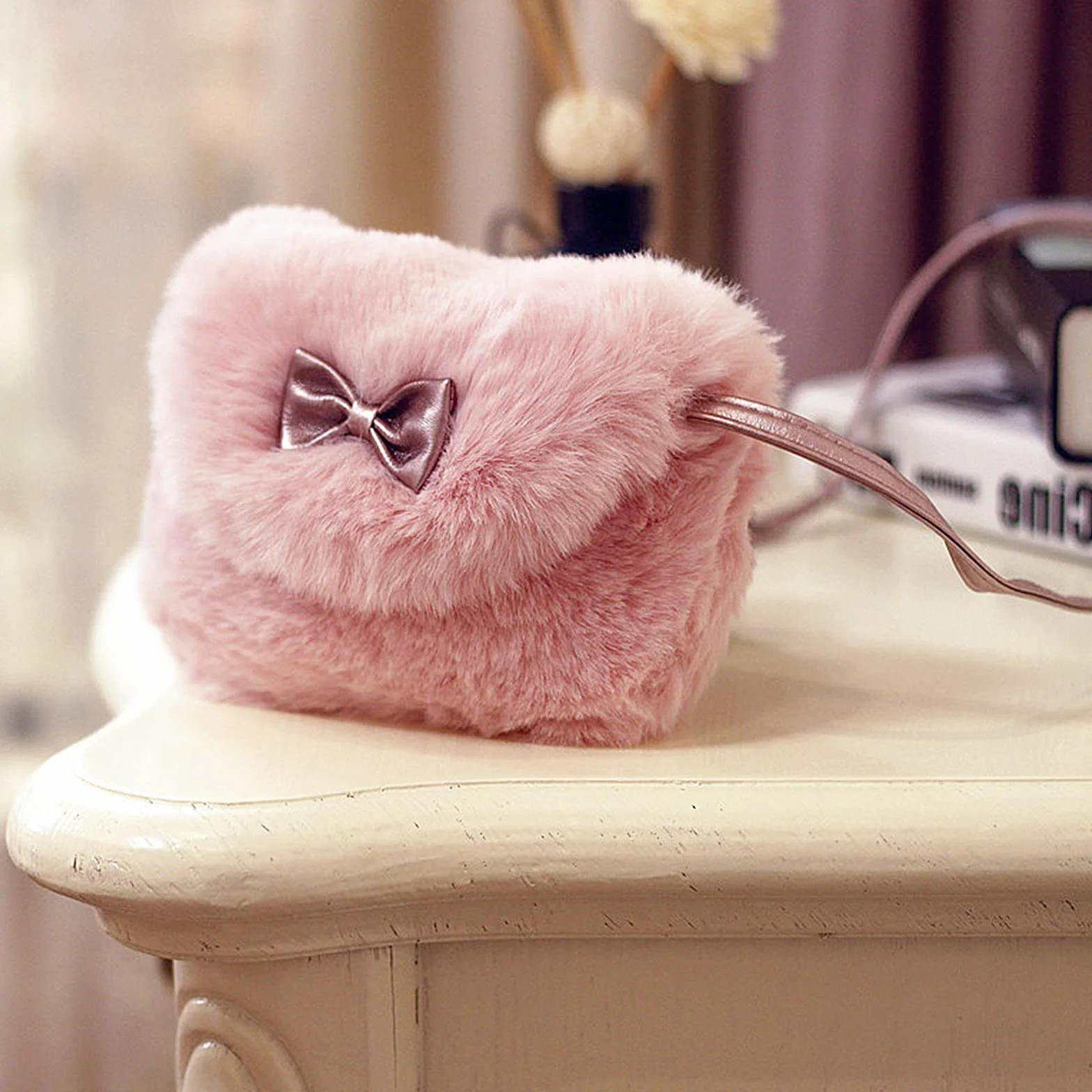 Borsa Piccola in Peluche, Borsetta Principessa Peluche, Borsa Peluche Bambina, per Bambini 3-5 Anni, Contenitore Chiavi, Fazzoletti, Maschere, Carte (Rosa)