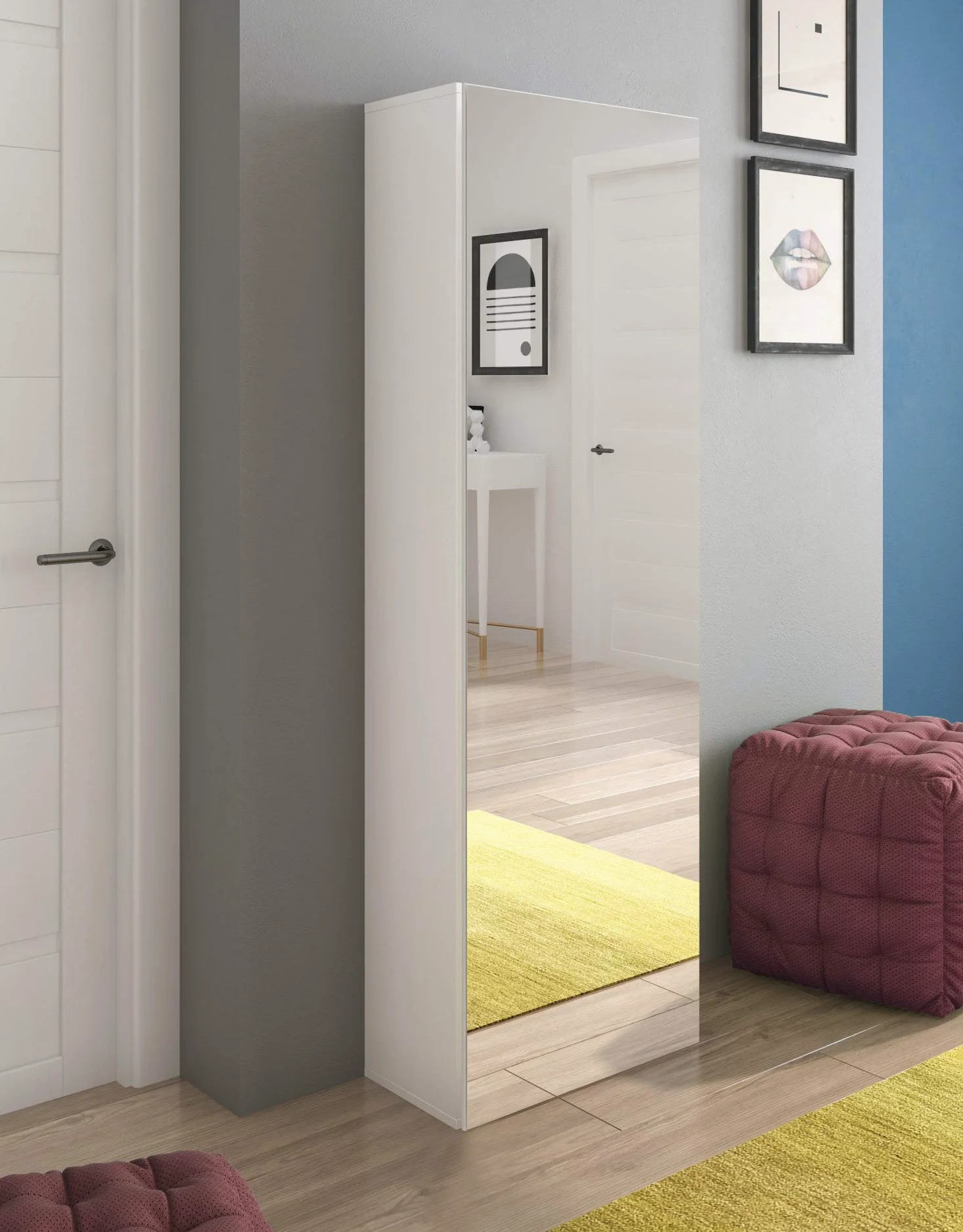 Bricozone Scarpiera Con Specchio Alta Salvaspazio Moderna Fino A 14 Paia Di Scarpe Mobile Slim Da Ingresso Con Anta Reversibile 7 Ripiani Bianco Lucido Arredo Per Corridoio O Camera Da Letto