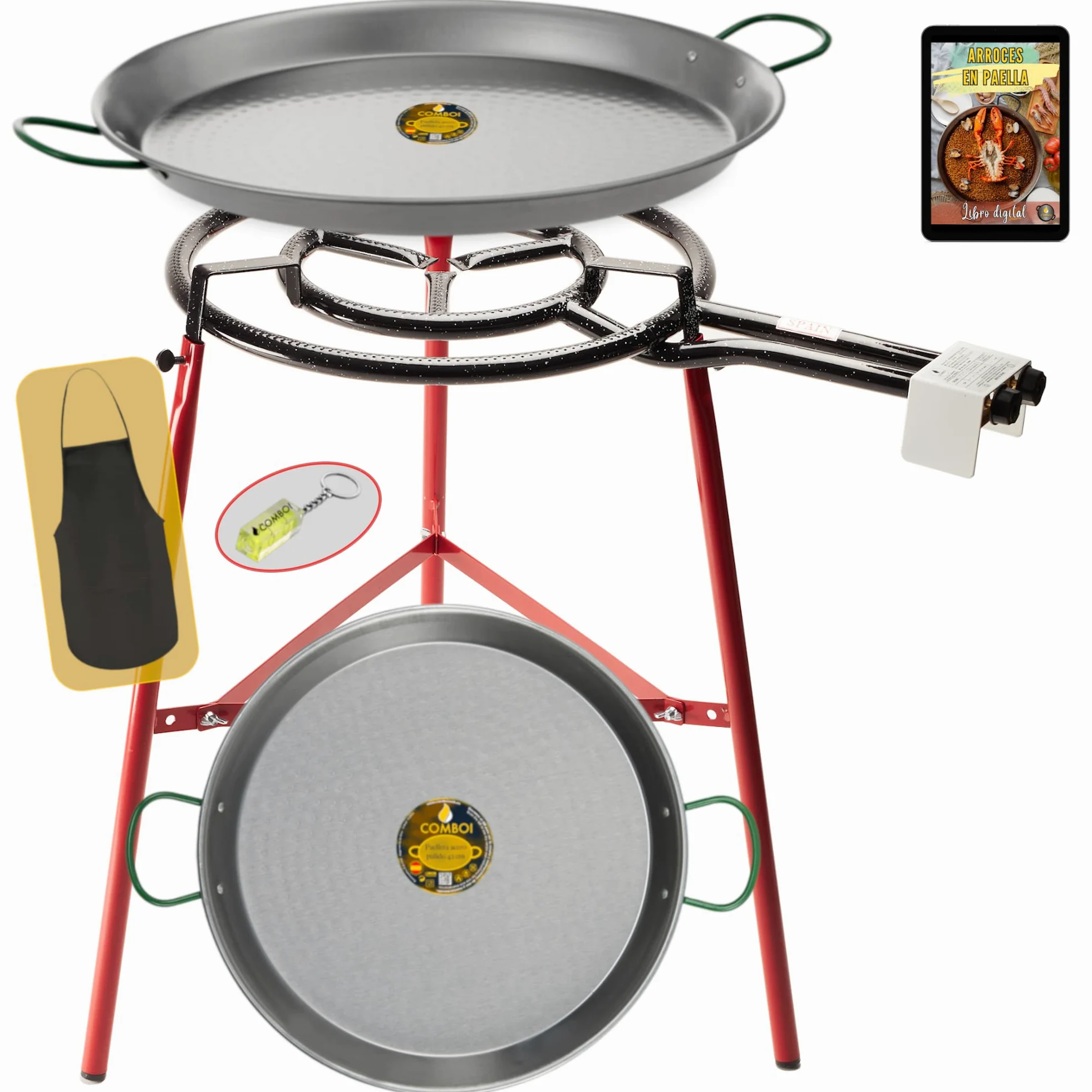 COMBOI Paellero gas butano 50 cm Kit bruciatore, paella 60 cm + paella 42 cm, supporto gambe rinforzate, livello, grembiule, ricettario digitale