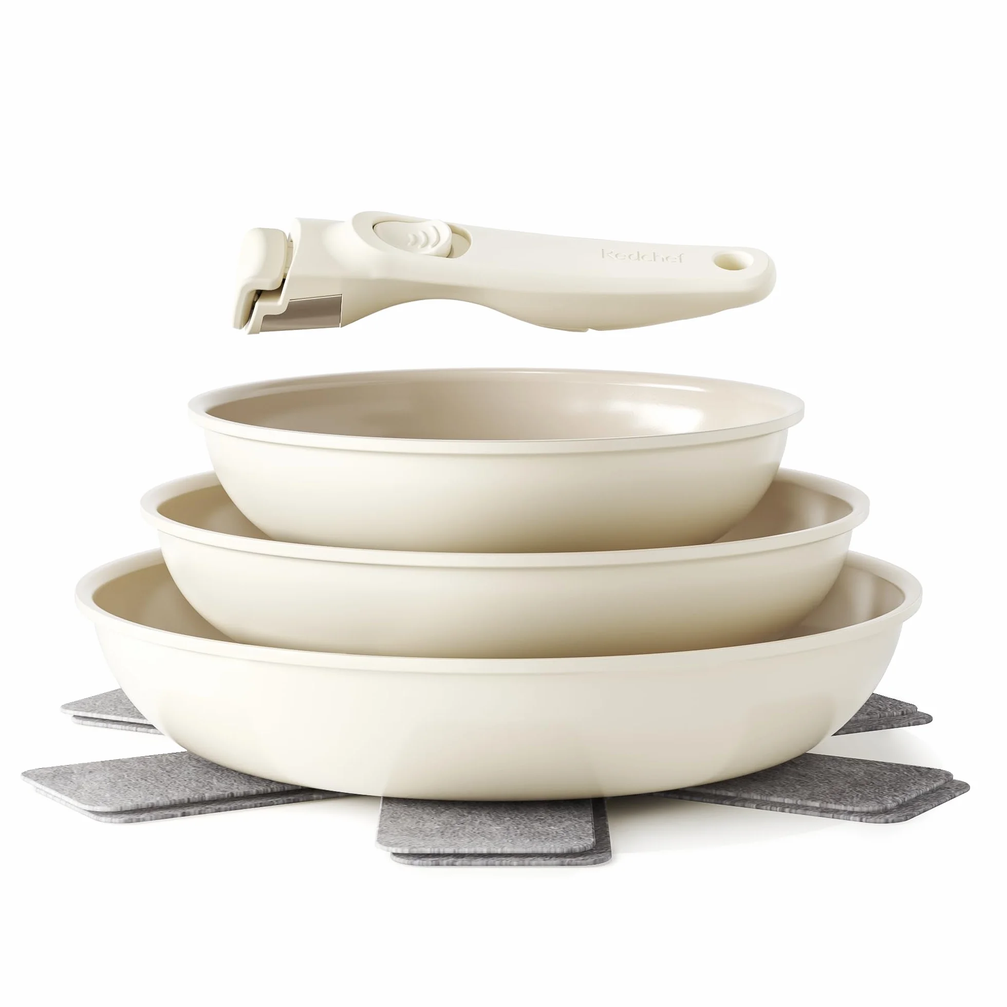 Redchef Set di Padelle con Manico Rimovibile, Padella in Ceramica con Antiaderente in Granito, Adatto All’Induzione, Padella 20, 24, 28 cm, Salvaspazio, Senza Ptfe & Pfoa & Pfas, Beige