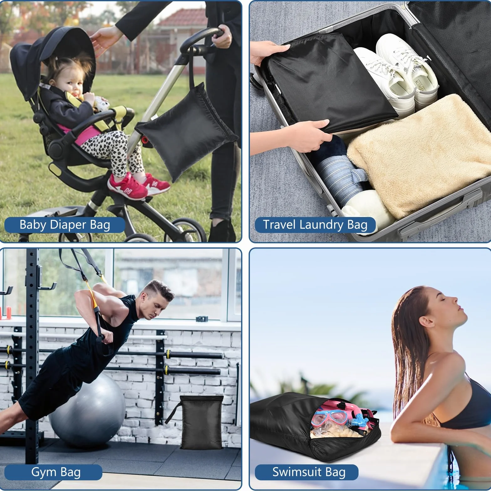 OTraki Sacco Biancheria Sporca Viaggio Riutilizzabile Wet Bag con Zip Tessuto Oxford Impermeabile Sacchetto Organizer per Gym Asciugamani Spiaggia Costume da Bagno Nero 30 x 36 cm 2 Pezzi