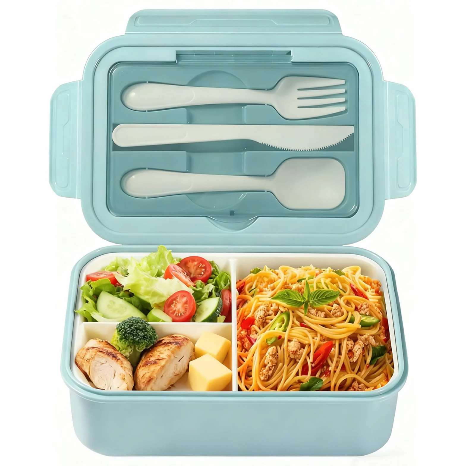 Diboniur Porta Pranzo 1400ml Lunch Box Bento con 3 Scomparti Ermetico per Microonde Ufficio Lavoro Picnic (Azzurro)