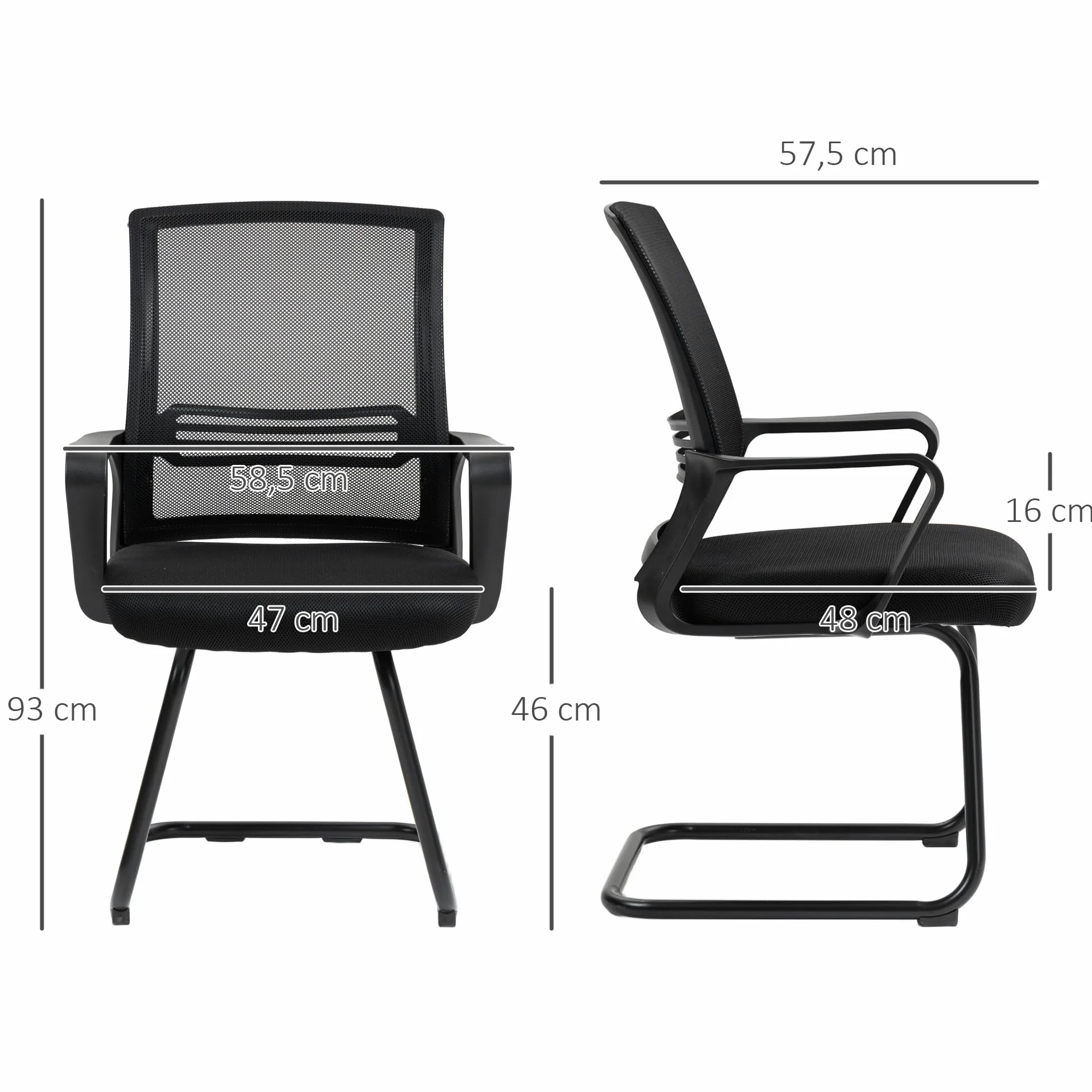 HOMCOM Sedia da ufficio a rete Sedia da ufficio senza rotelle, sedia ergonomica per riunioni con base a slitta, per sale conferenze, camere da letto, aree d'attesa, aree di ricevimento, nera