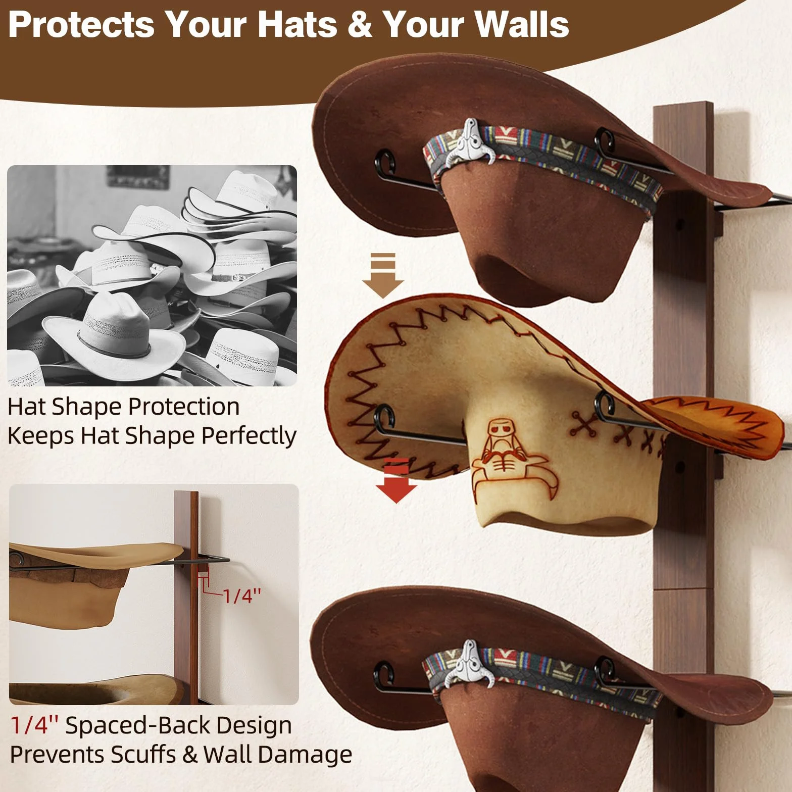 Porta Cappelli da Cowboy 6 Pezzi Bordo Legno Organizer Parete Metallo