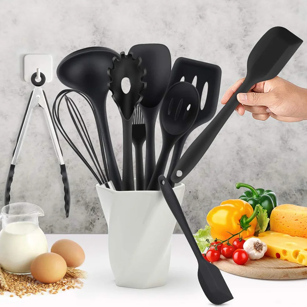 Utensili da Cucina in Silicone -10 Pezzi, Utensili da Cucina Resistenti al Calore Antiaderenti da Cucina(Spatola, Cucchiaio Scanalato, Forchetta per Pasta, Paletta, Pinza, Frusta, Pennello)