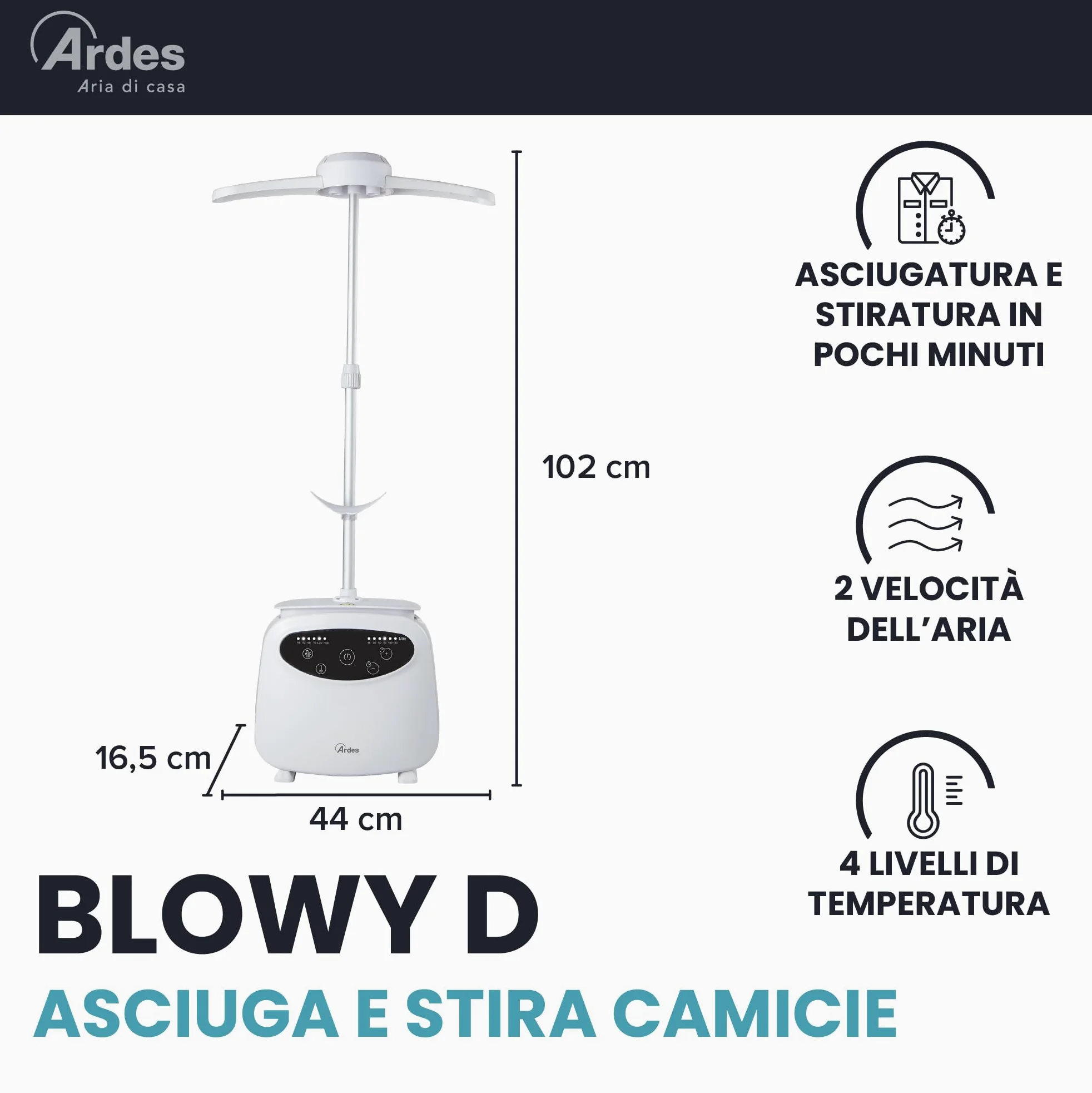 Ardes BLOWY PRIME Stiratrice Automatica e Manichino di Asciugatura 2 in 1, Stiratura Verticale senza Pieghe, 4 Clip di Peso, Timer e Schermo Digitale