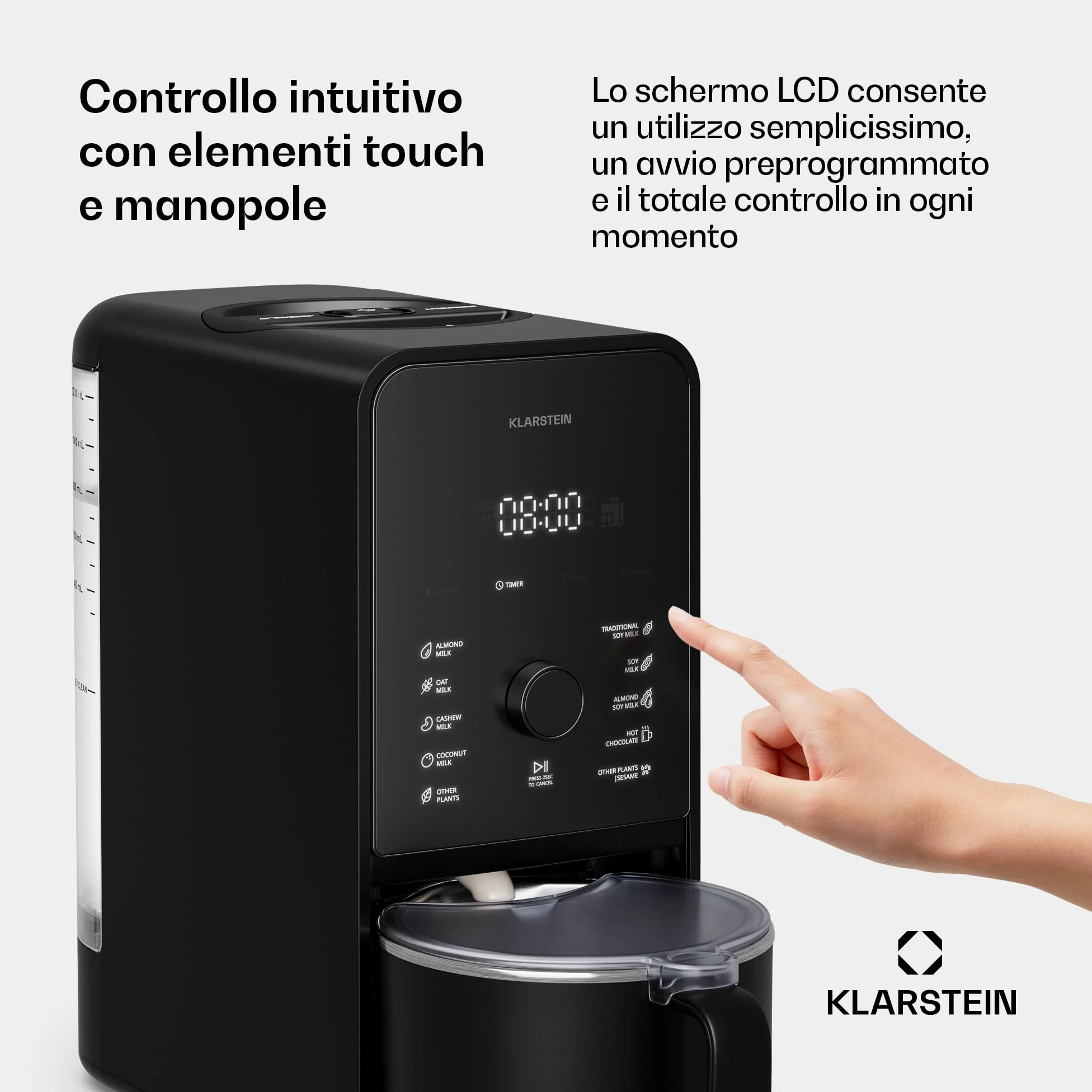 Klarstein Marcia Touch Macchina per il Latte Vegetale, 1200W, 12 Programmi, Autopulente, Display LCD, Brocca 1.2L Acciaio, per Latte di Mandorle, Avena & Noci