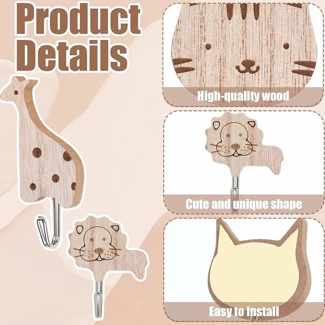Ganci Autoadesivi per Bambini a Forma di Animale, Ganci in Legno, Appendini per Asciugamani e Cappelli, Set da 6 Pezzi per Bagno e Camera