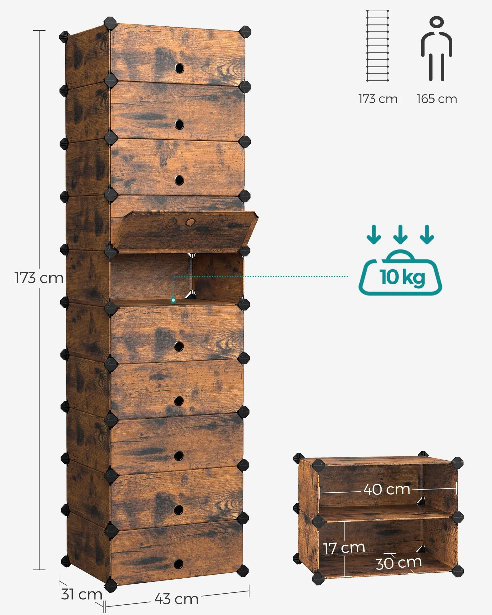 SONGMICS Scarpiera 10 Scomparti Scaffale Componibile Plastica Armadietto Portascarpe Ante Marrone Vintage