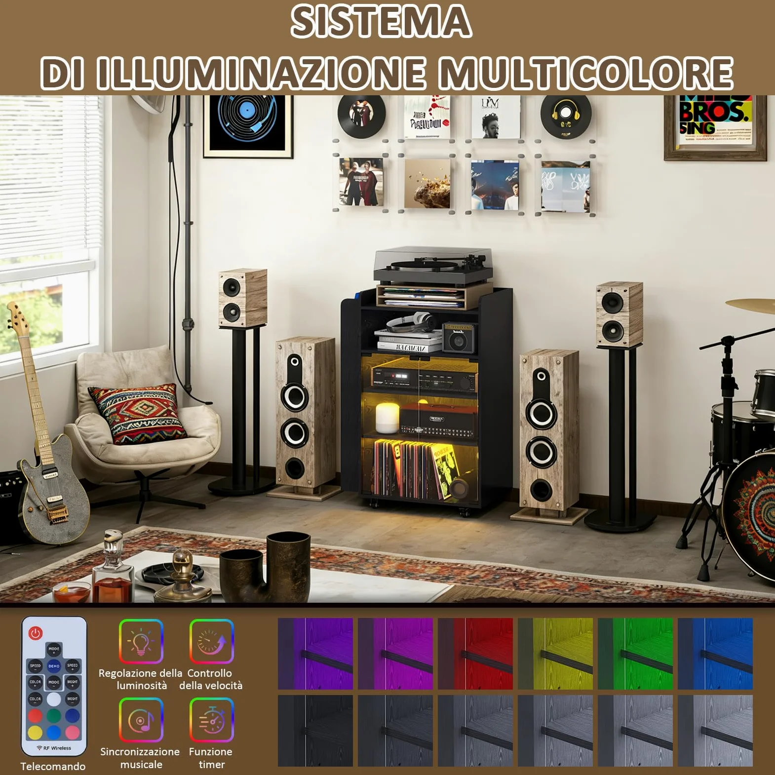 YU YUSING Vetrina Espositiva con LED per Vinili e CD, Mobile Espositivo con Porta Vinili a 5 Ripiani, Mobile Giradischi Porta CD, Presa di Corrente Integrata e Ruote, Giradischi, lettore DVD, Nero