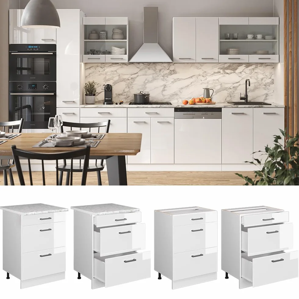 Vicco Mobiletto base per cucina R-Line, Bianco lucido, 60 cm con cassetti, senza piano di lavoro, per la libera combinazione all'interno di sistemi cucina modulari
