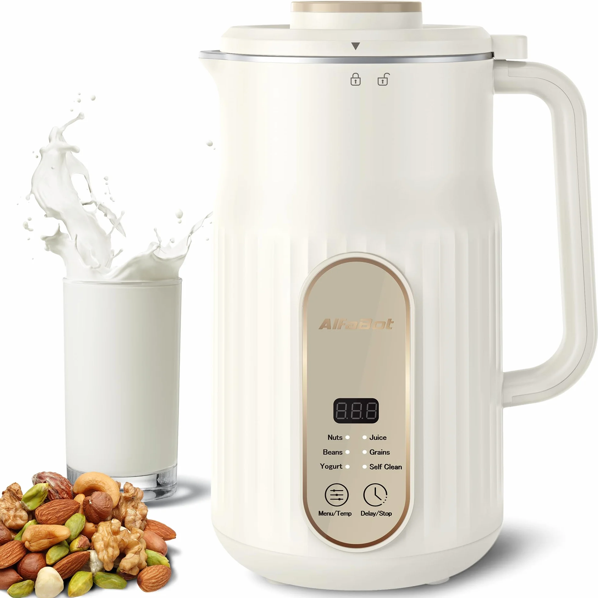 AlfaBot N2 Macchina per Latte di Noci, Macchina Automatica per il Latte di Mandorla, 1000 ml Macchina per Latte Vegetale Fatto in Casa, Avena, Soia, Bevande senza Latticini, Multifunzionale Senza BPA