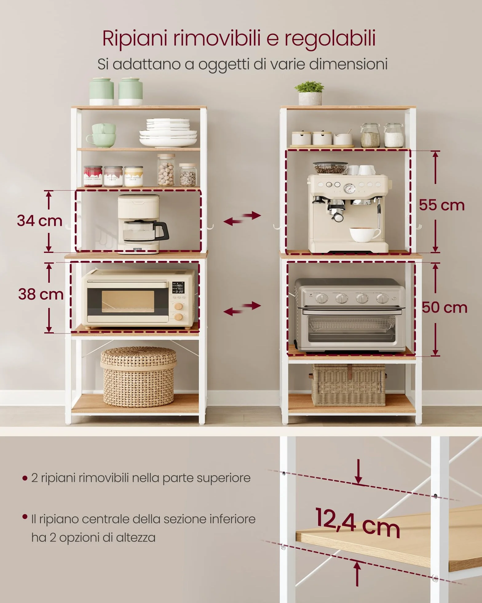 VASAGLE Scaffale Cucina 6 Ripiani Acciaio 40x60x167 cm Rovere Dorato e Bianco Nuvola KKS024W09