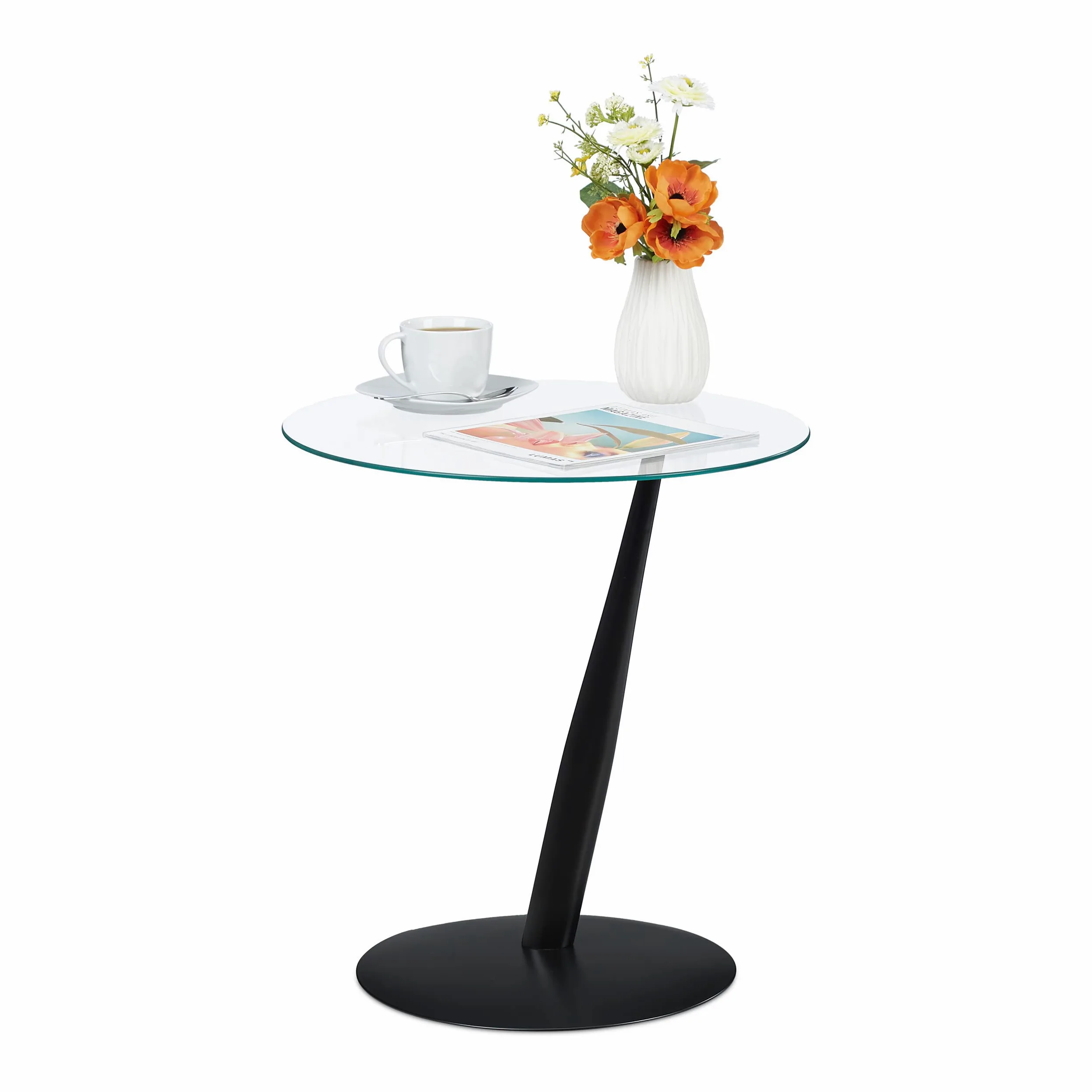 Relaxdays Tavolino da Salotto, Rotondo, Base in Acciaio, Ripiano in Vetro, HD 49x45 cm, Design Moderno, Nero/Trasparente