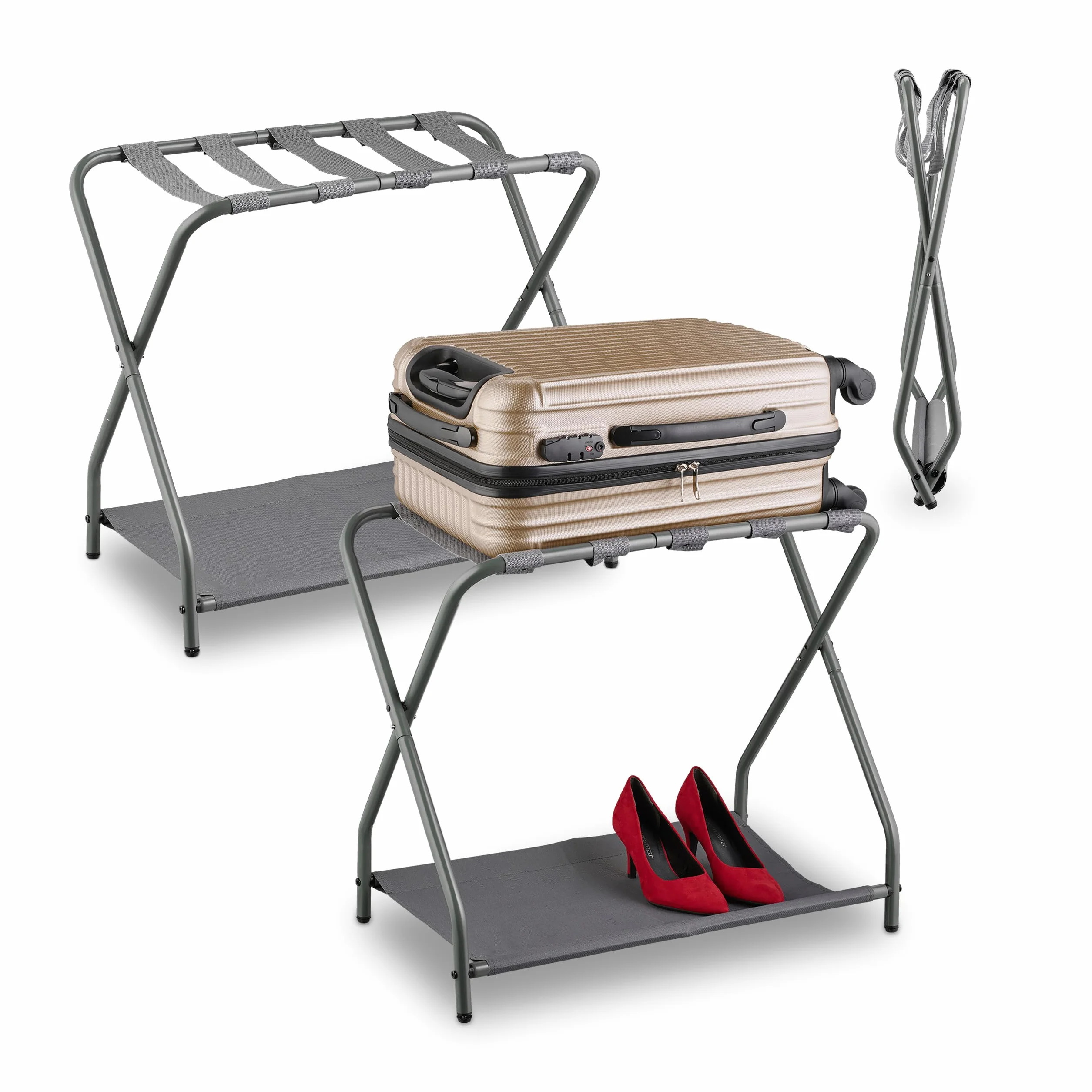 Relaxdays Portavaligie da Camera Pieghevole 58x66x38 cm Acciaio Grigio