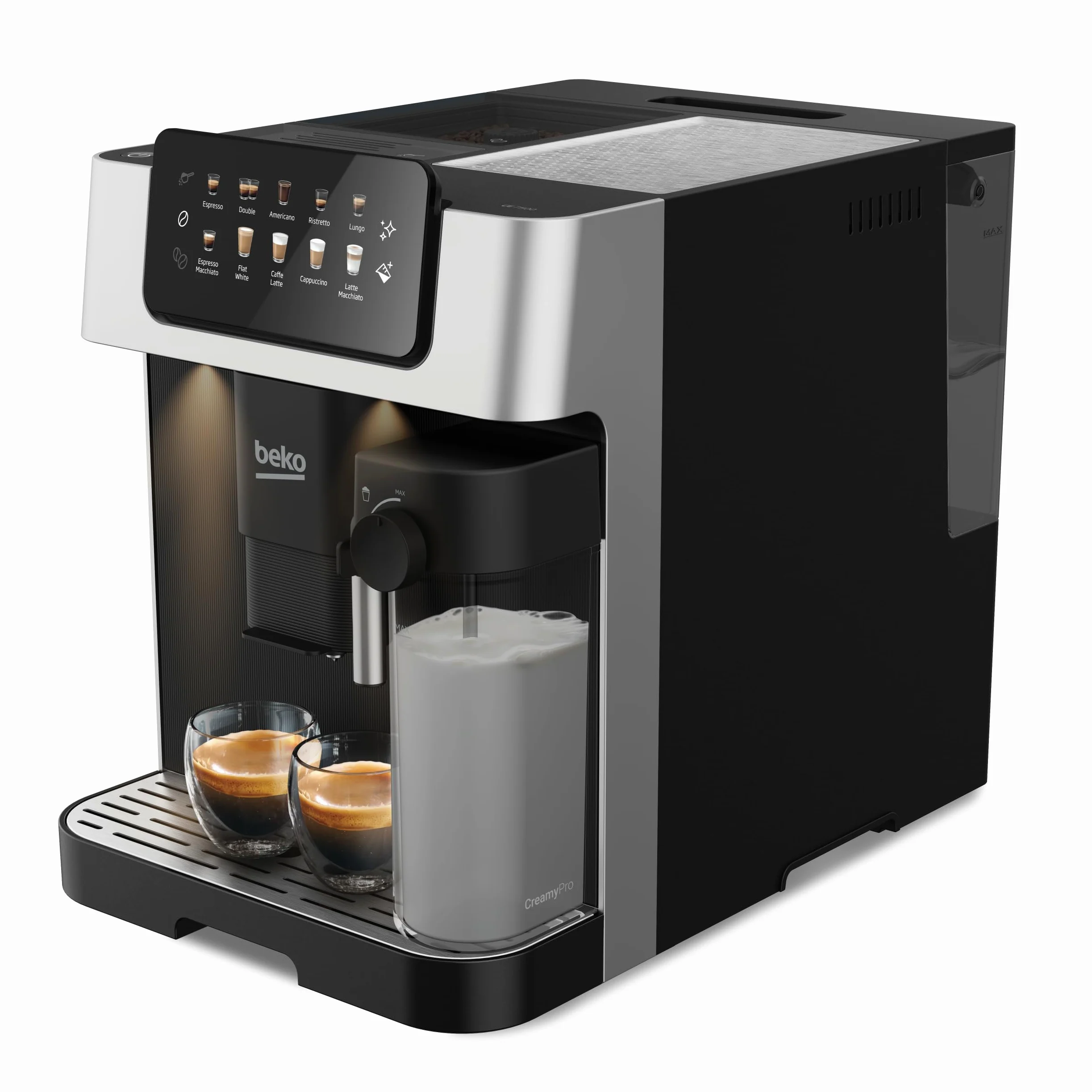 BEKO CEG7304X - Macchina Caffè Automatica Caffe in Grani con Macina Caffè e Chicchi Integrato - Macchinetta con Lattiera per Espresso e Cappuccino, Display Touch, Pressione 19 Bar 27,5x40,5xh34 - Nero