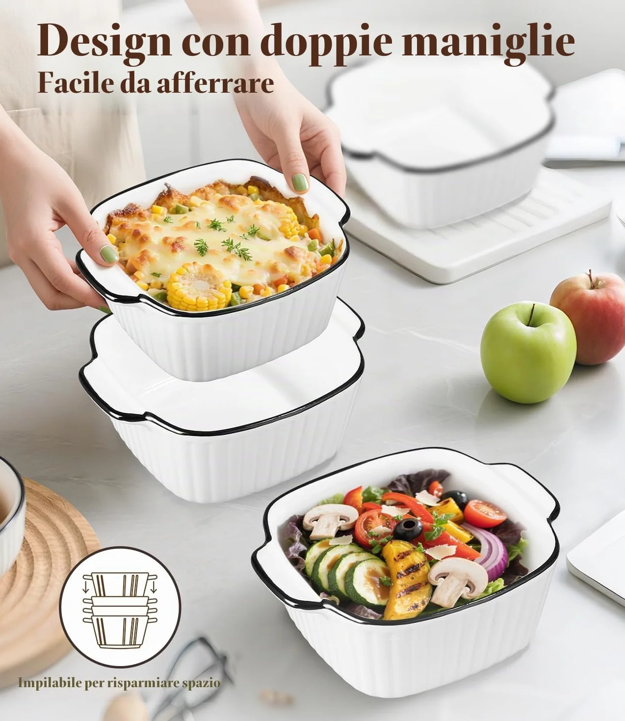 4 Pezzi Kit Piccole Pirofila da Forno, 400ML Set Teglie da Forno in Ceramica, 14.5 x 11.5 x 5.5 cm Piatti da Forno Quadrati, Pirofile da Forno in Ceramica con Manici, per Airfryer, Forno e Microonde