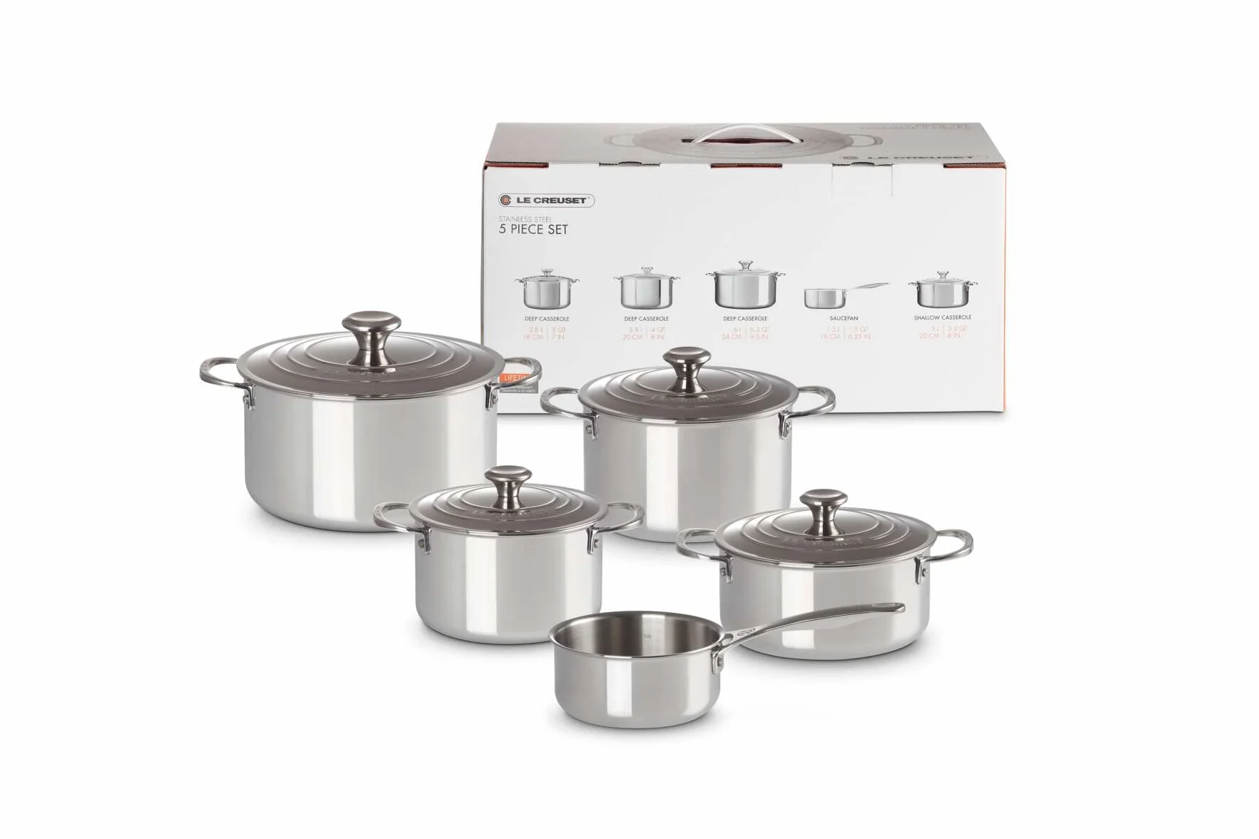LE CREUSET Set 5 Pezzi Casseruole in Acciaio Inox, 3 Casseruole, Diametro 18, 20, 24 cm, 1 Pentola, Diametro 26 cm, 1 Casseruola, Diametro 28 cm, 96605300000000