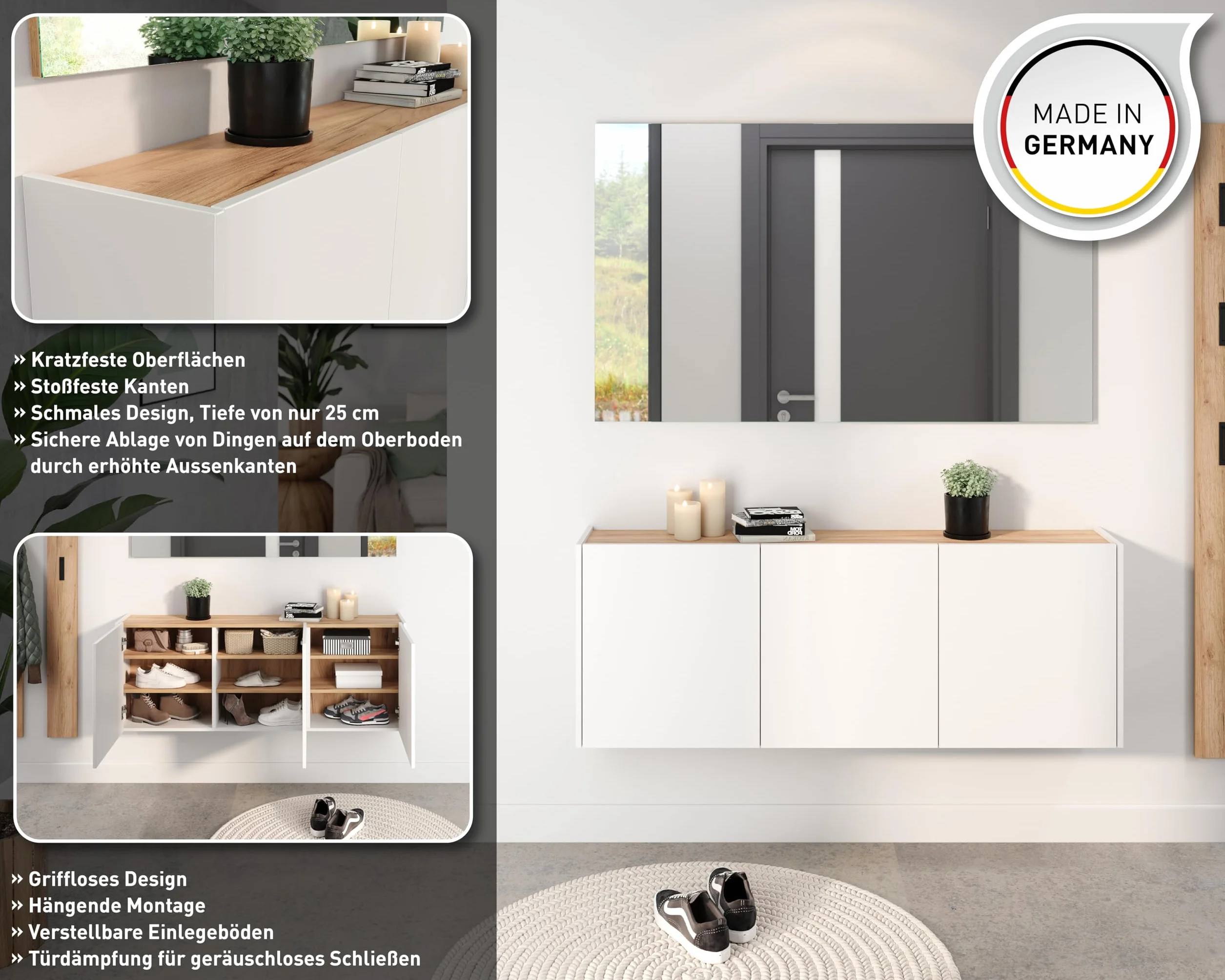 Germania Scarpiera 1345-513 GW-Libbiano, in bianco/Rovere Navarra, con profondità ridotta, 138 x 52 x 25 cm (LxAxP)