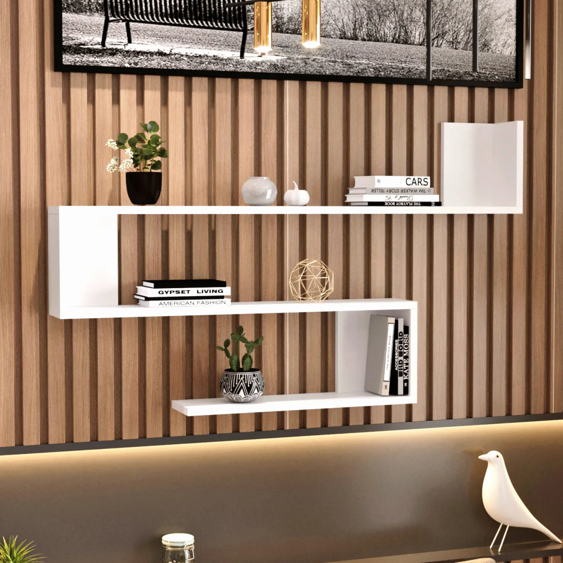 Mensola da Parete a S con 3 Ripiani Scaffale a Muro Libreria Pensile 72 x 120 x 15 cm Bianco