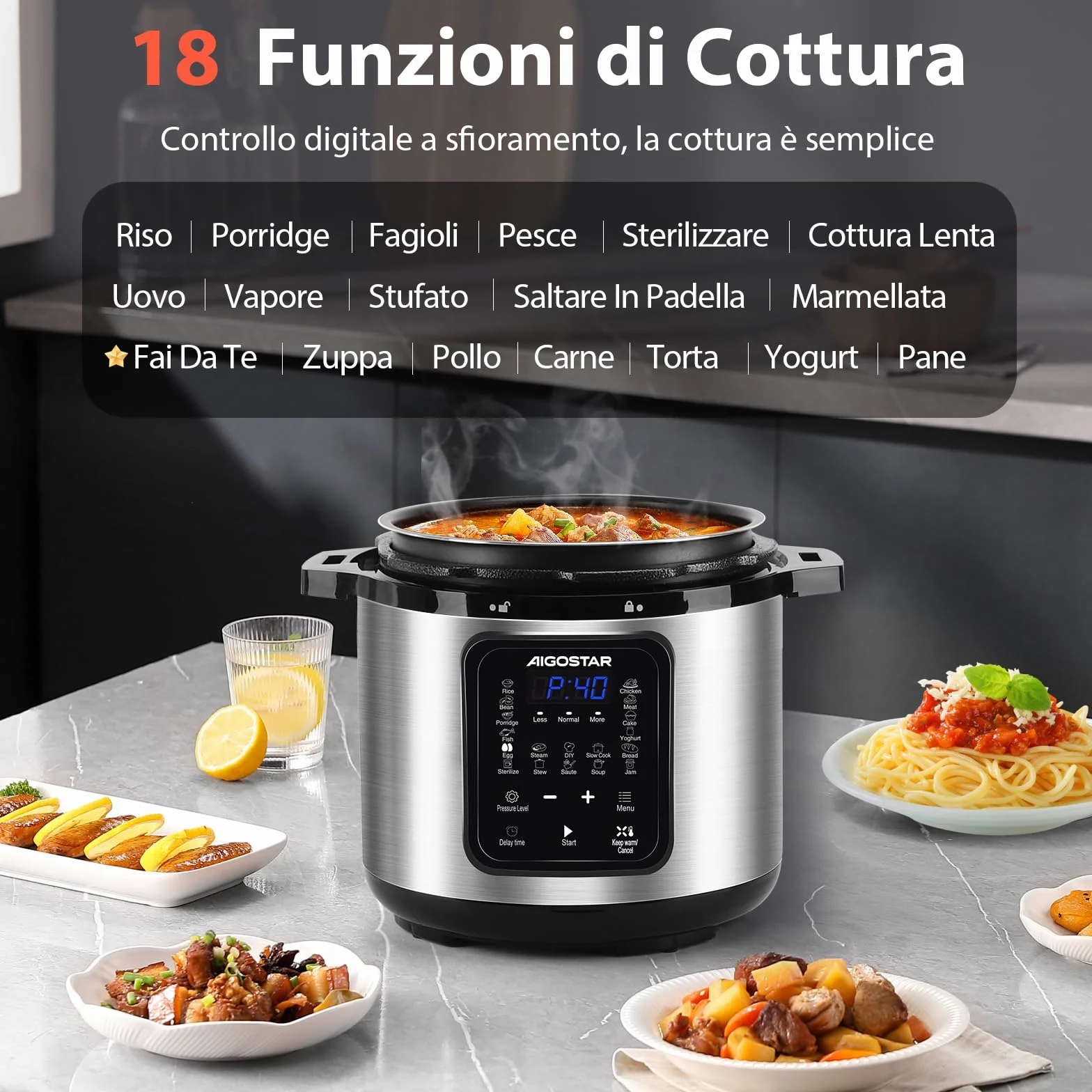 Aigostar Pentola a Pressione Elettrica 6L 1000W, 18 Programmi, 3 Livelli Pressione, Timer 24H, Mantieni Caldo, Display LED