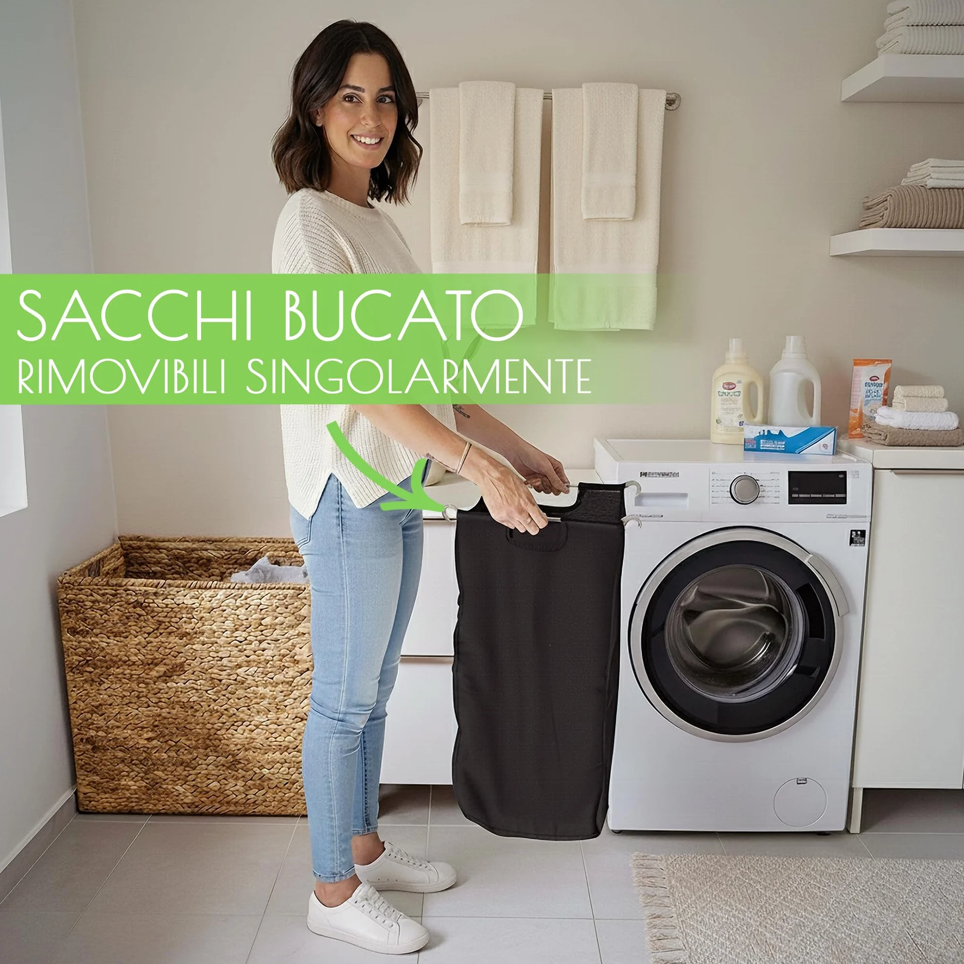 Naturlik Cesto Portabiancheria 120L XXL – 2 Scomparti in Giacinto d’Acqua Naturale Senza Plastica. Cesta Biancheria Pieghevole con Coperchio e Sacchi Rimovibili