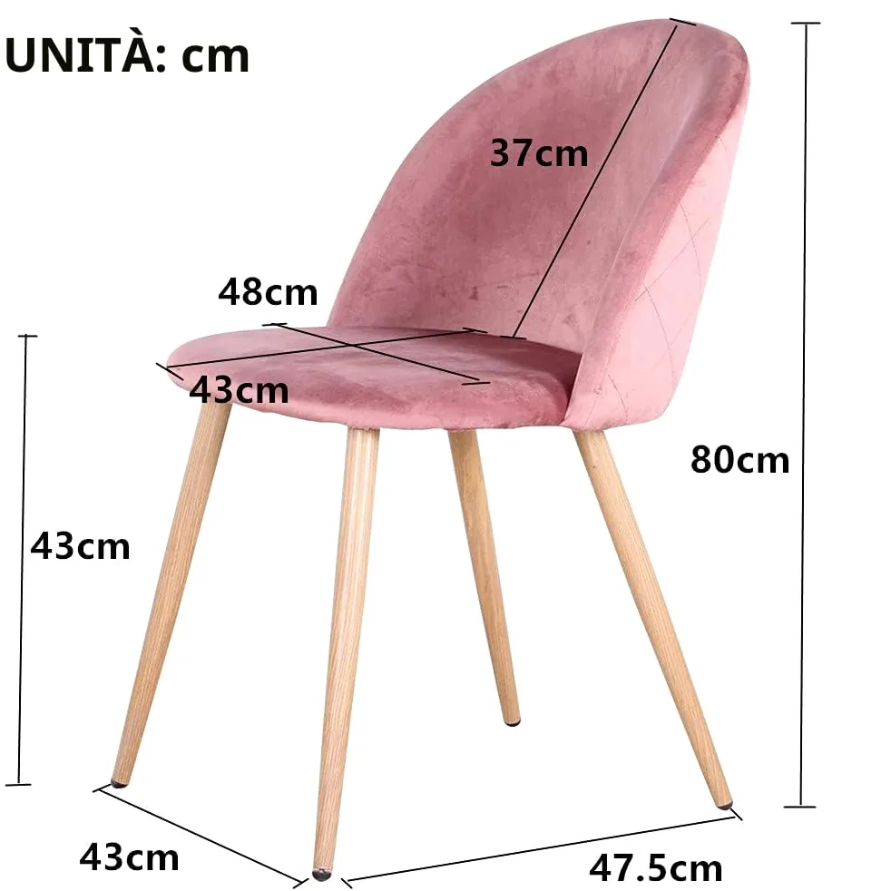 Set di 4 Sedie Imbottite per Sala da Pranzo, con Schienale in Morbido Velluto e Gambe Regolabili in Metallo, Colore: Rosa