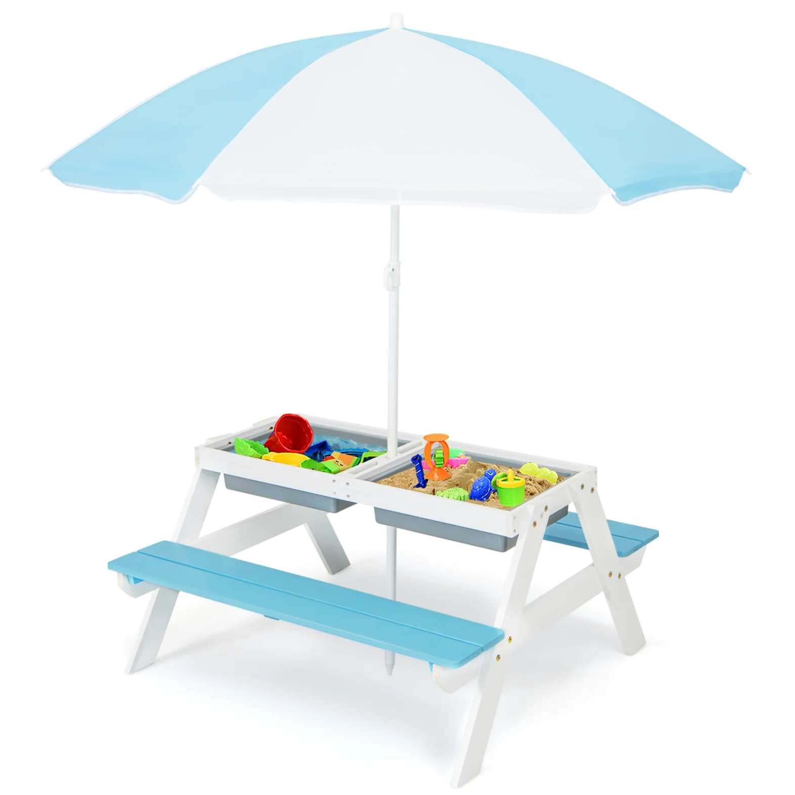 COSTWAY Set Tavolo e Sedie per Bambini da Giardino 3 in 1, con Ombrellone Rimovibile e Regolabile, Piano Rimovibile, Tavolo con Panche in Legno per Bambini da Interno Esterno (Blu e Bianco)