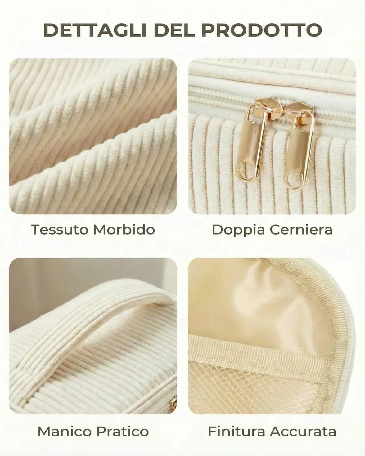 Set da 4 Beauty Case Donna in Velluto a Coste, Pochette Trucco con Manico, Beige