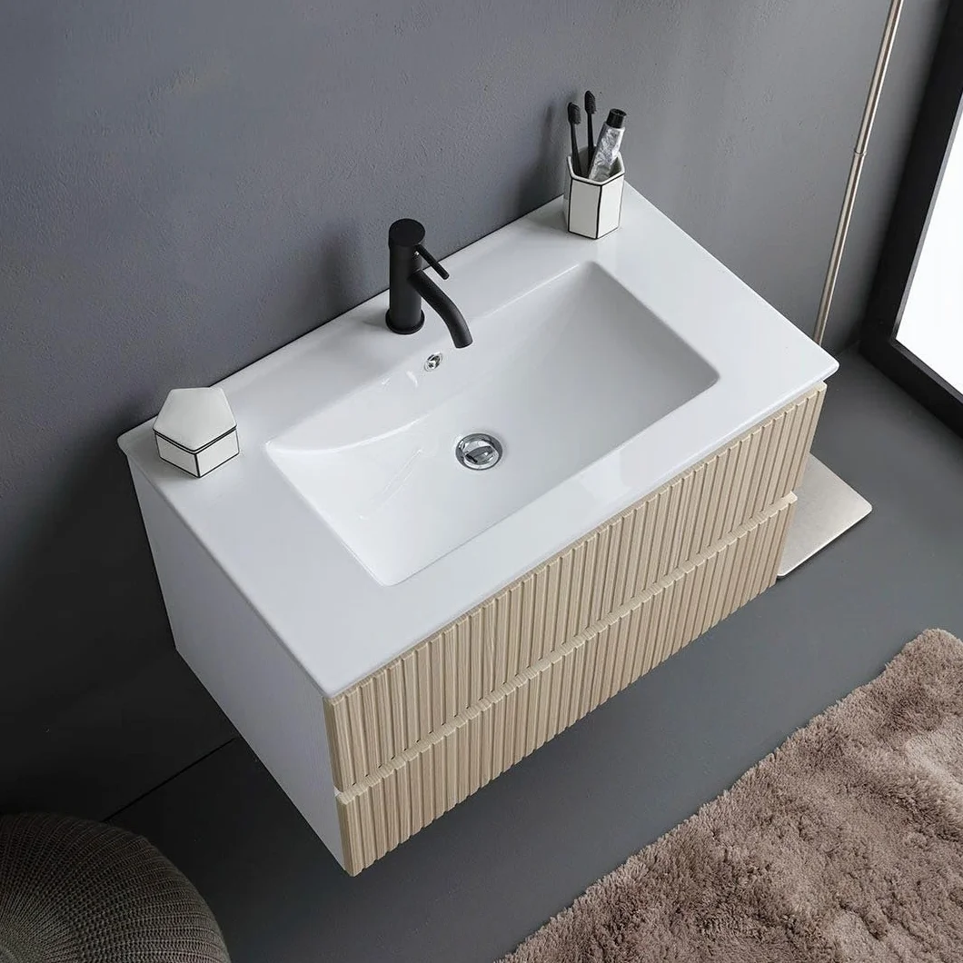 Kiamami Valentina - Mobile sospeso 100cm bianco con cassetti rovere cannettato e lavabo in ceramica | Bilbao