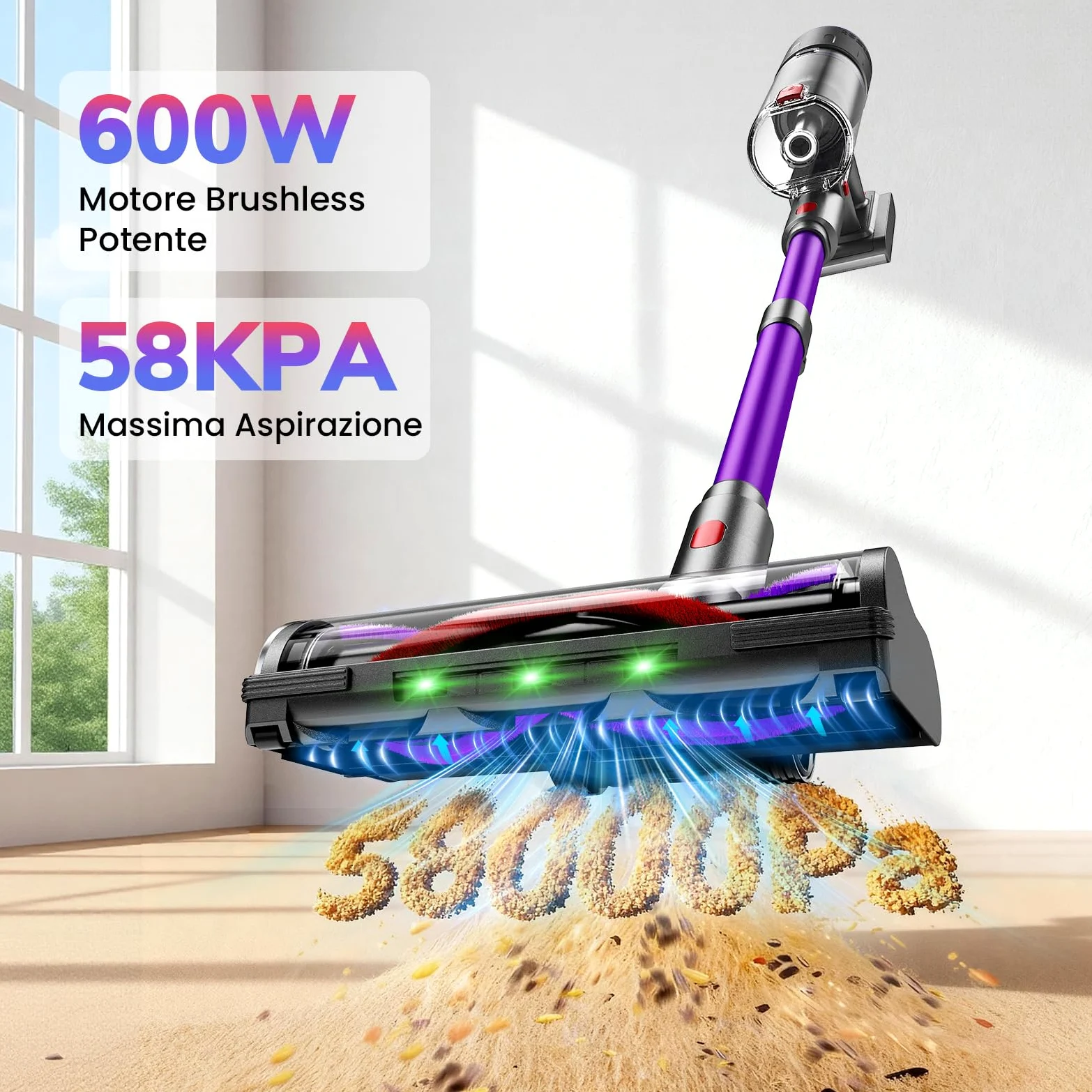 Aspirapolvere Senza Fili, 600W/58000Pa, Scopa Elettrica Senza Fili 75 Min, Aspirapolvere Senza Filo con LED Touchscreen, Autoportante Anti-Avvolgimento per Tappeti/Pavimenti/Peli Animali