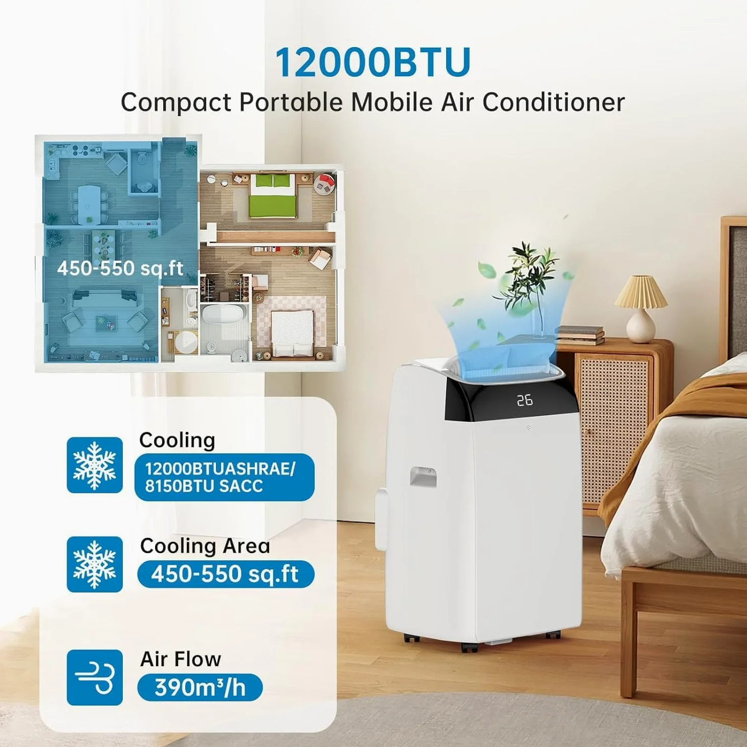 GarveeHome Condizionatore Portatile 12000 BTU 4in1 Funzionamento Silenzioso Display Digitale Telecomando Timer 24Ore Tubo Scarico Kit Finestra Raffreddamento fino 51m² Casa Ufficio (12000 BTU 4-in-1)