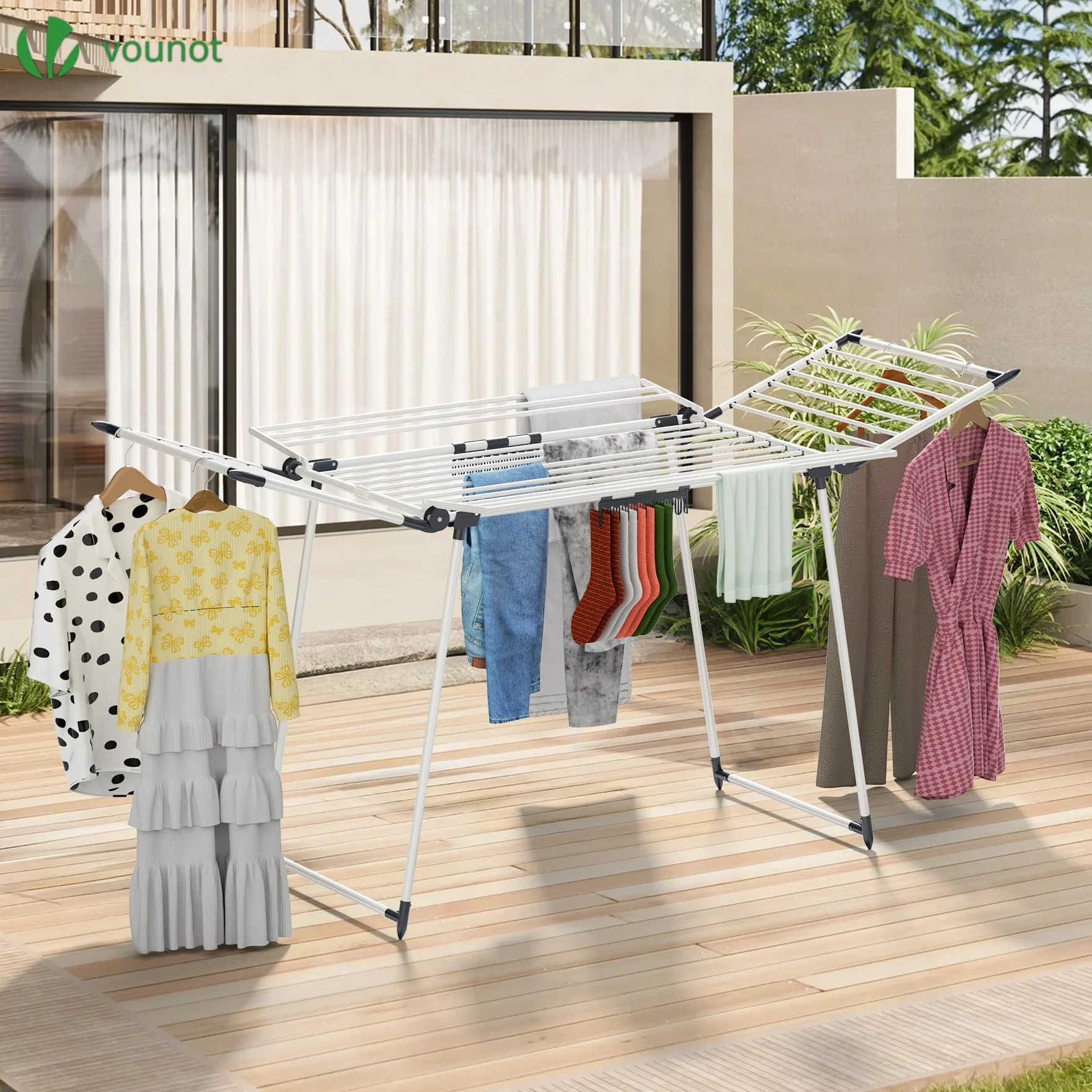 VOUNOT® Stendibiancheria Allungabile 25m di Stenditura, Stendino Pieghevole Richiudibile Salvaspazio con Ali Laterali e Mollette per Balcone, Interno ed Esterno, 175x92x106cm, Bianco