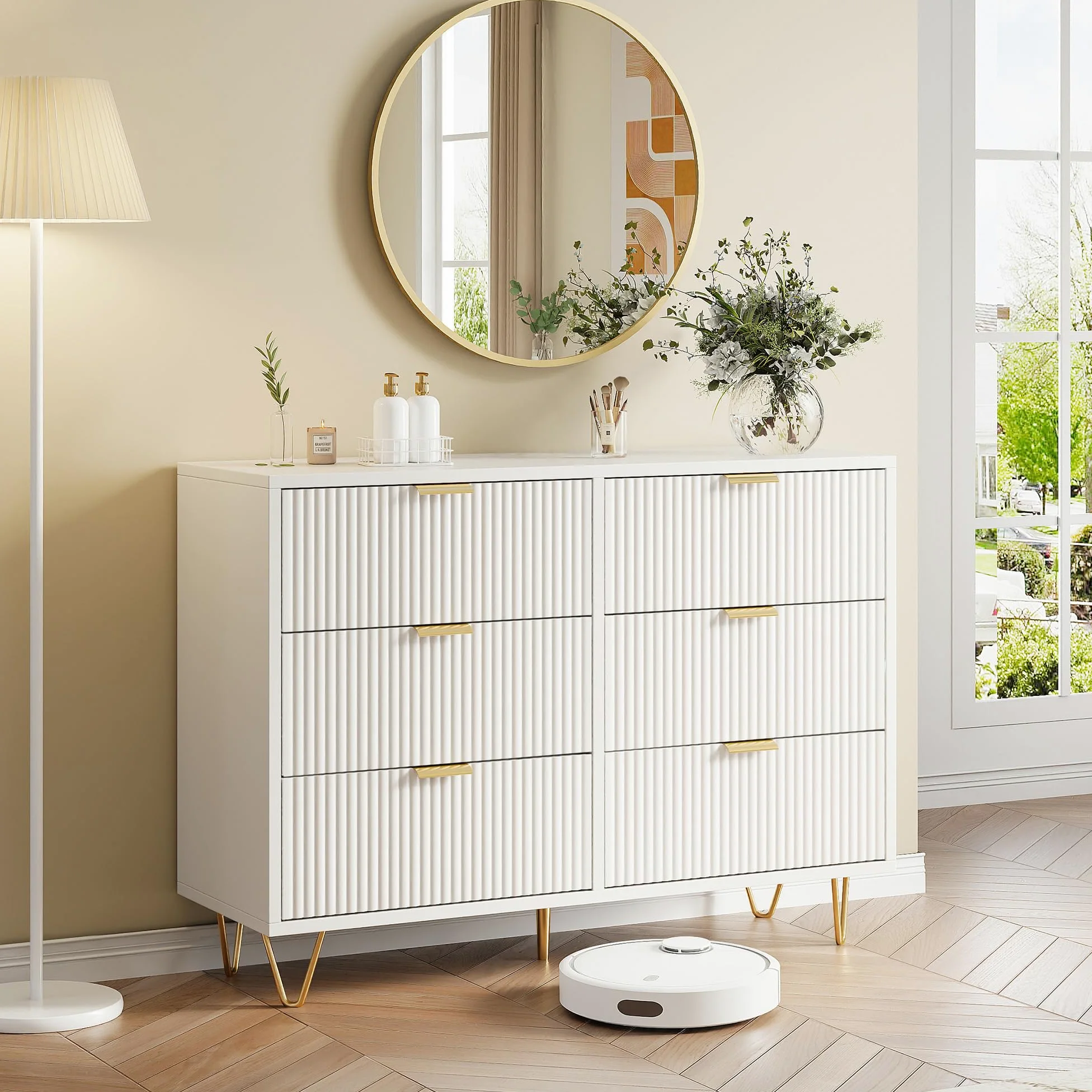 Cassettiera bianca, cassettiera moderna, 6 cassetti, in legno con manici dorati, cassettiera per camera da letto, piccola scanalata (6 cassetti)