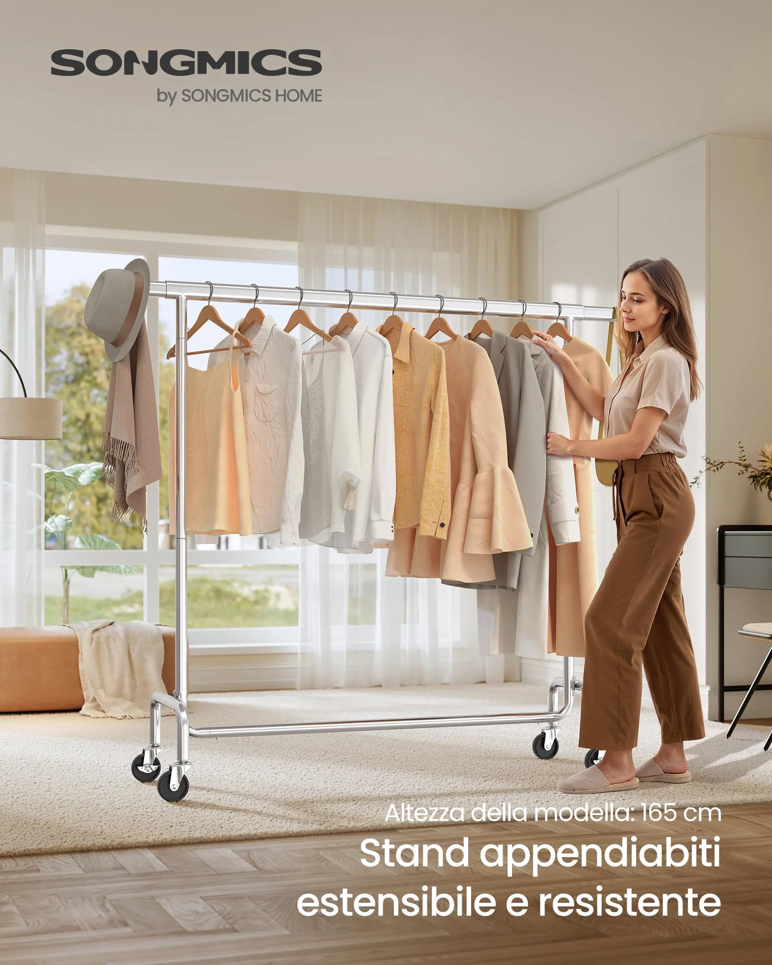 SONGMICS Stand Appendiabiti con Rotelle, Portabiti Carico Pesante, Barra Estensibile, Portata 130 kg, 45 x (110-150) x 162,9 cm, Metallo Cromato, Argento HSR11S