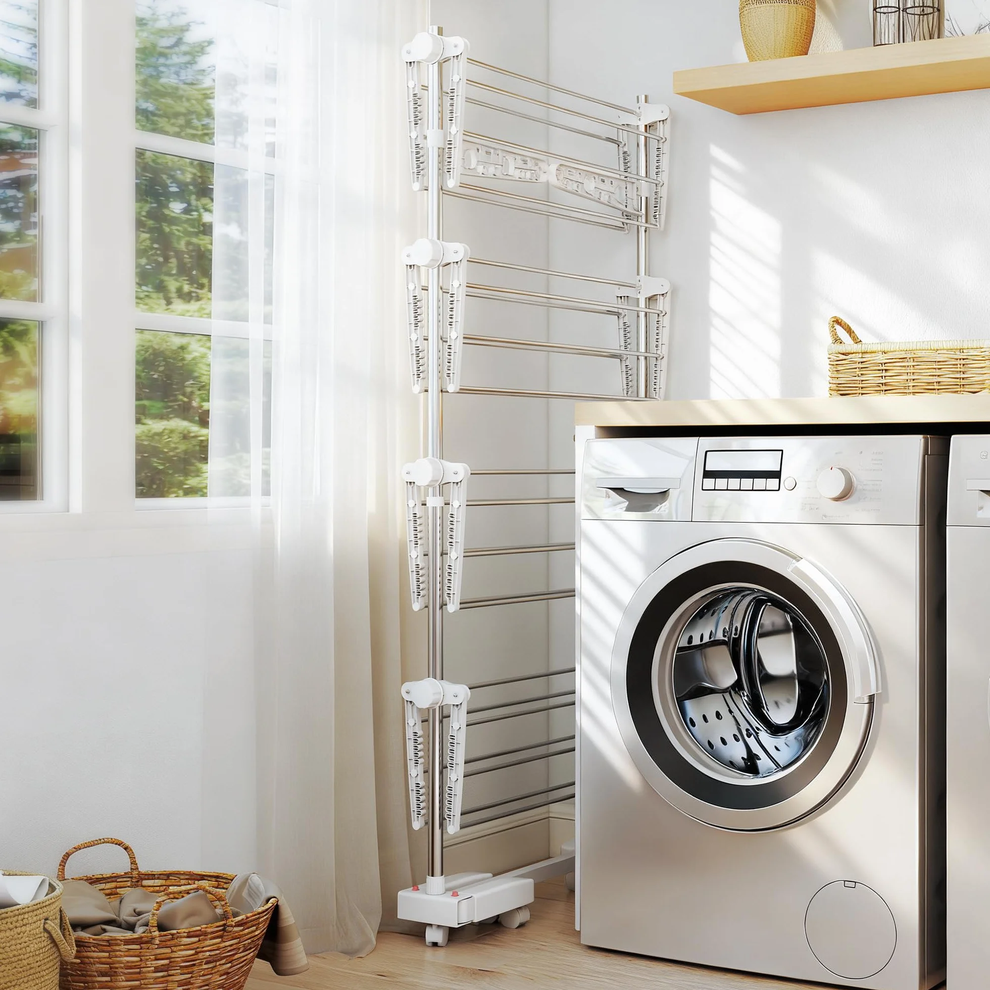 HOMCOM Stendibiancheria Verticale a Torre 4 Livelli, Stendino Pieghevole Salvaspazio in Acciaio Inox con 6 Ruote, 142x55x172cm, Bianco