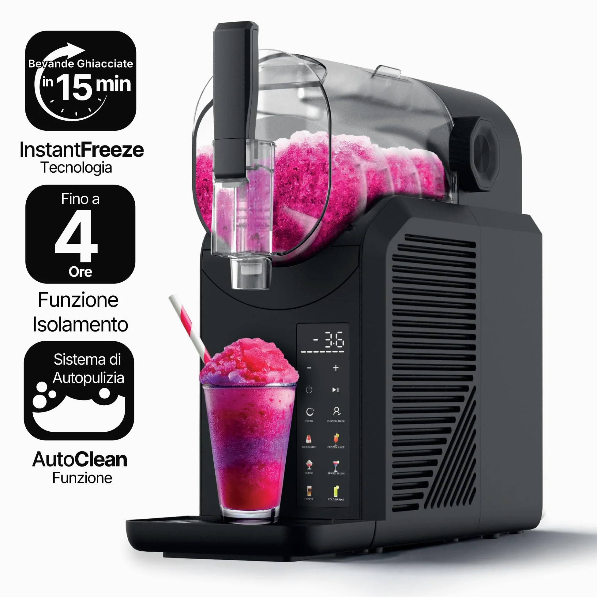 Seeger SuperSlush Macchina per Granite, 2 Litri, 7-in-1, Nessun Ghiaccio Necessario, 7 Programmi, Tecnologia InstantFreeze 15 min, Slushie Maker, Granita, Cocktail, Frappé, Milkshake, Nero, SLFRZ1BK