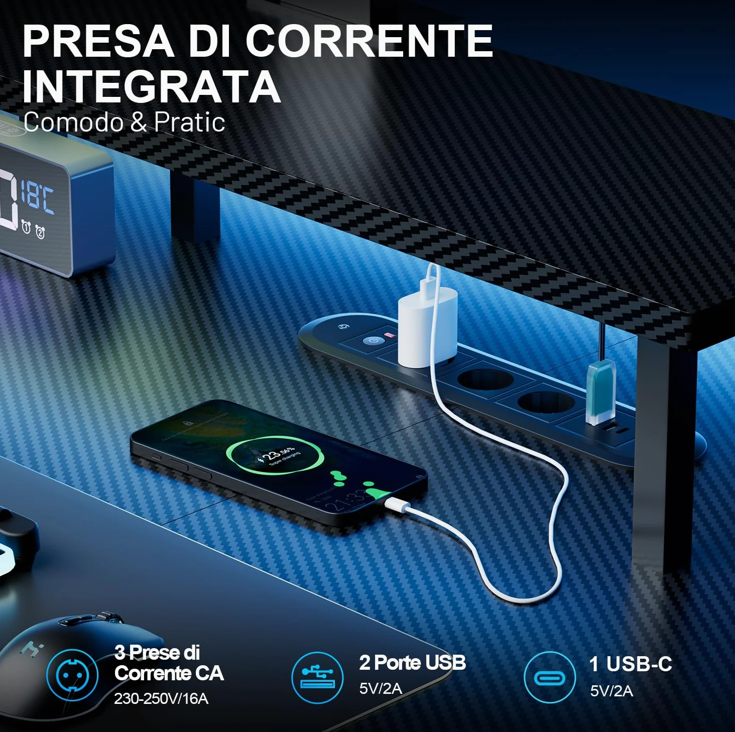 HLFURNIEU Scrivania Gaming LED 140 x 60 cm, Scrivania Regolabile in Altezza con Prese & Porte USB, Tavolo Gaming con Supporto per Monitor, 2 Controlli Memoria, Postazione Gaming Nero
