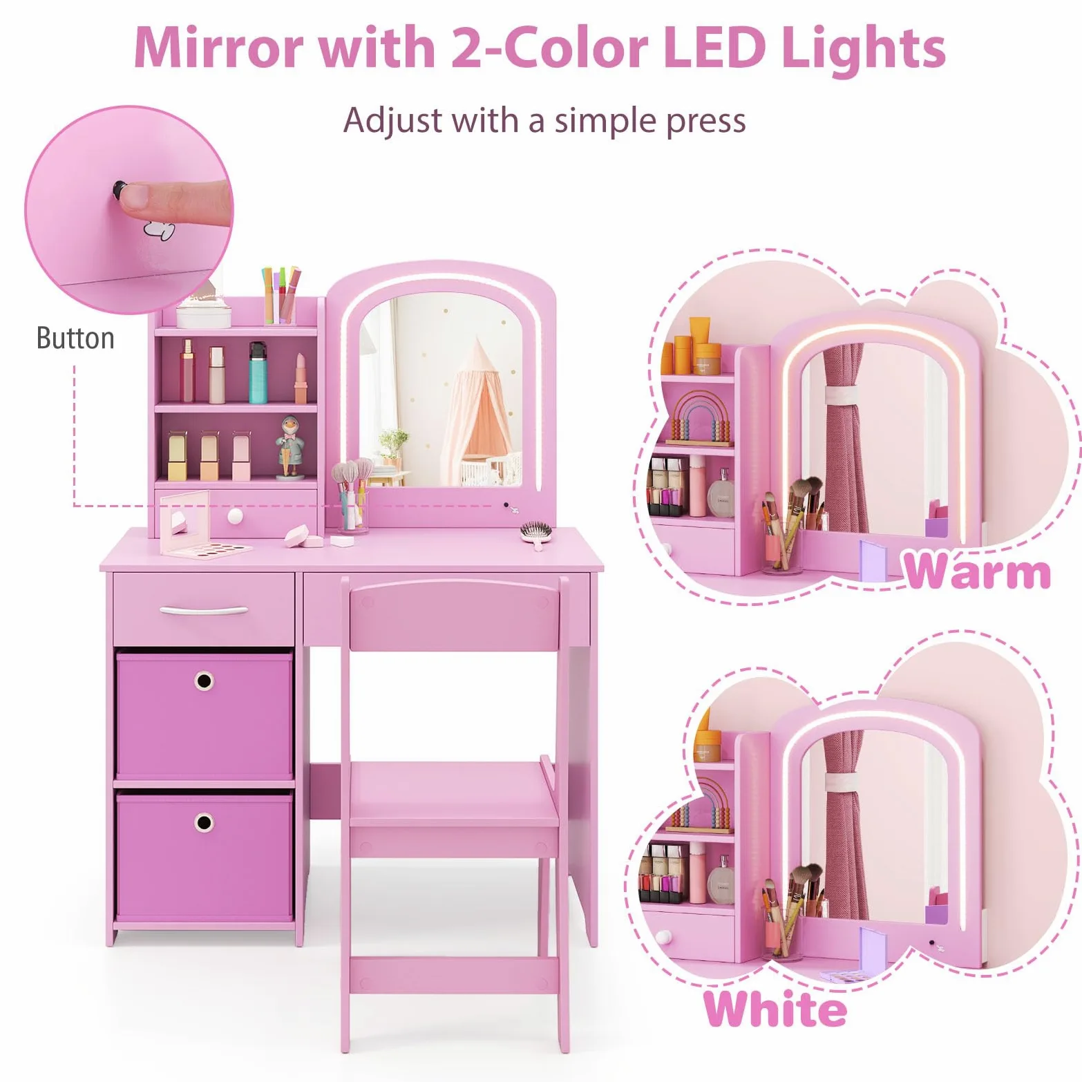 LIFEZEAL Specchiera Trucco Bambina, Specchio con Luci a 2 Colori, Toeletta Trucco Bambina, con Sedia, Postazione, con Cassetti e Scaffali, Tavolo per Bimbi 3 Anni + (rosa)